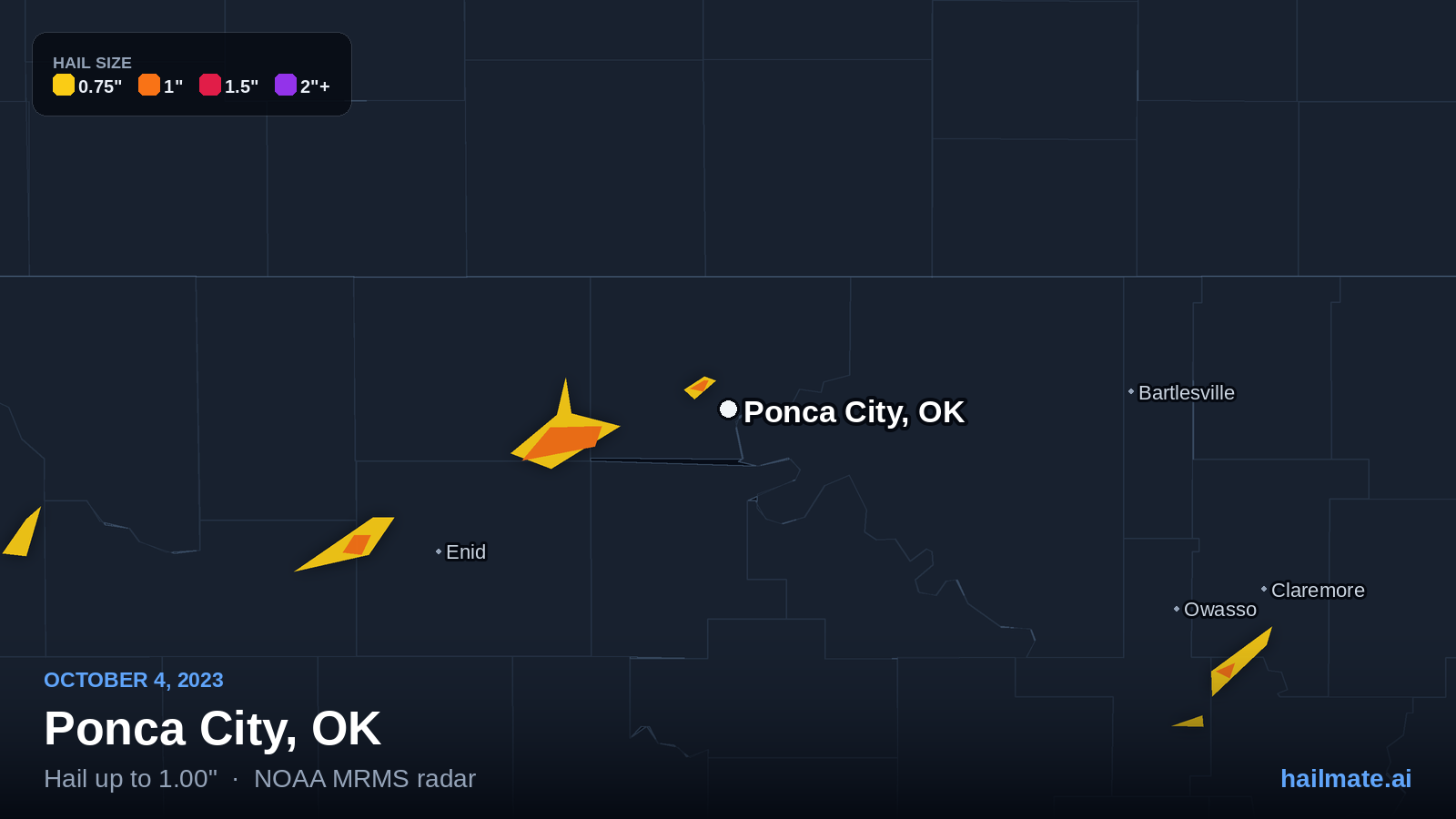 Hail swath map for Ponca City, OK on October 4, 2023 showing 1.00 inch hail.