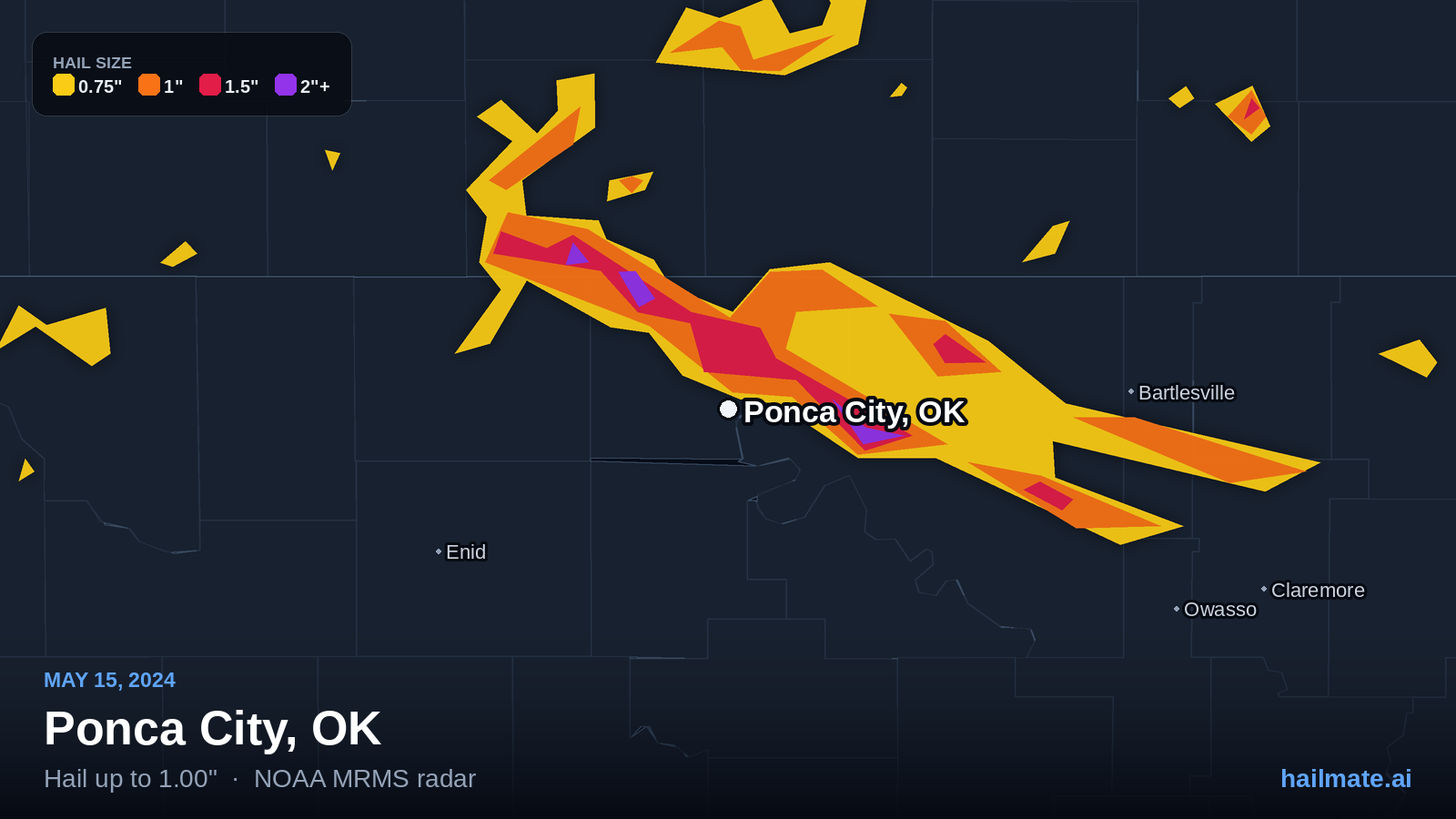 Hail swath map for Ponca City, OK on May 15, 2024 showing 1.00 inch hail.