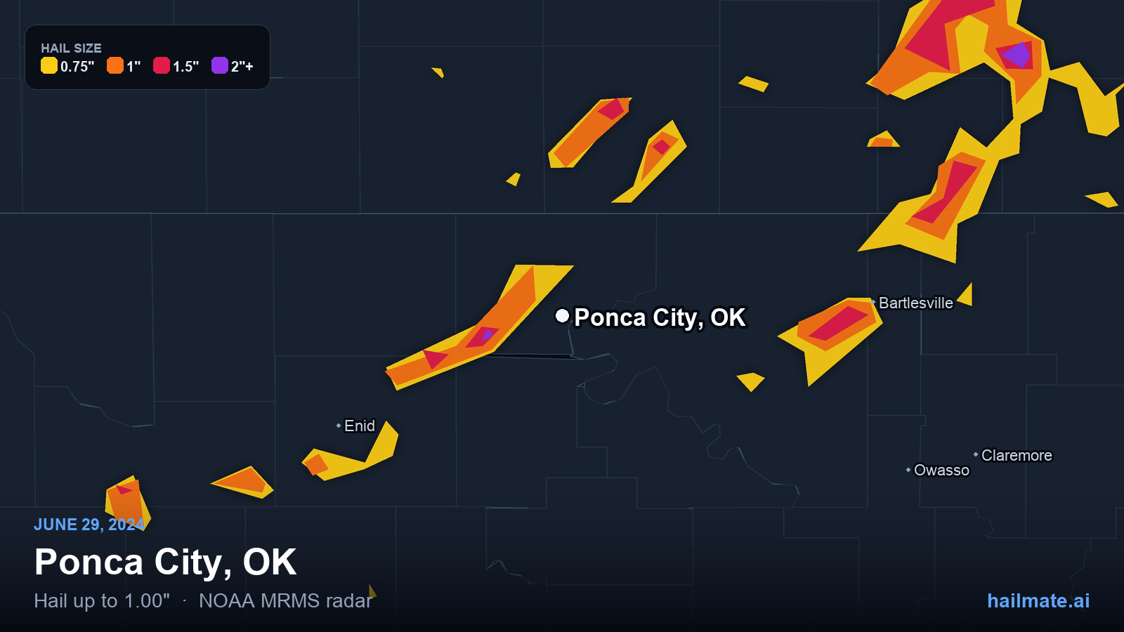 Hail swath map for Ponca City, OK on June 29, 2024 showing 1.00 inch hail.