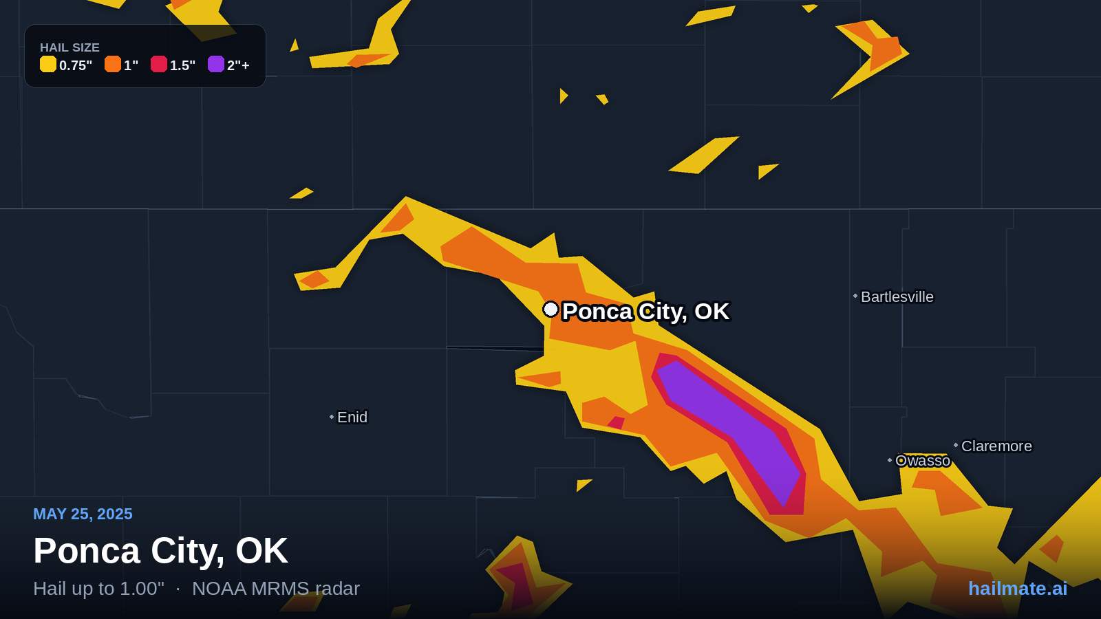 Hail swath map for Ponca City, OK on May 25, 2025 showing 1.00 inch hail.