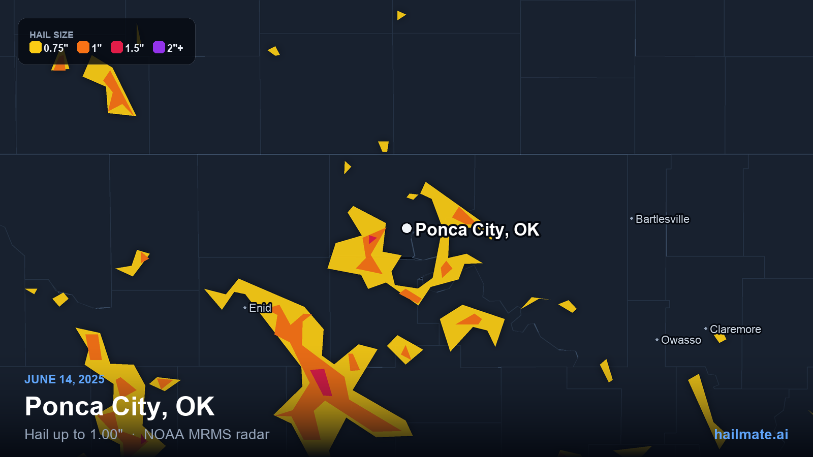 Hail swath map for Ponca City, OK on June 14, 2025 showing 1.00 inch hail.