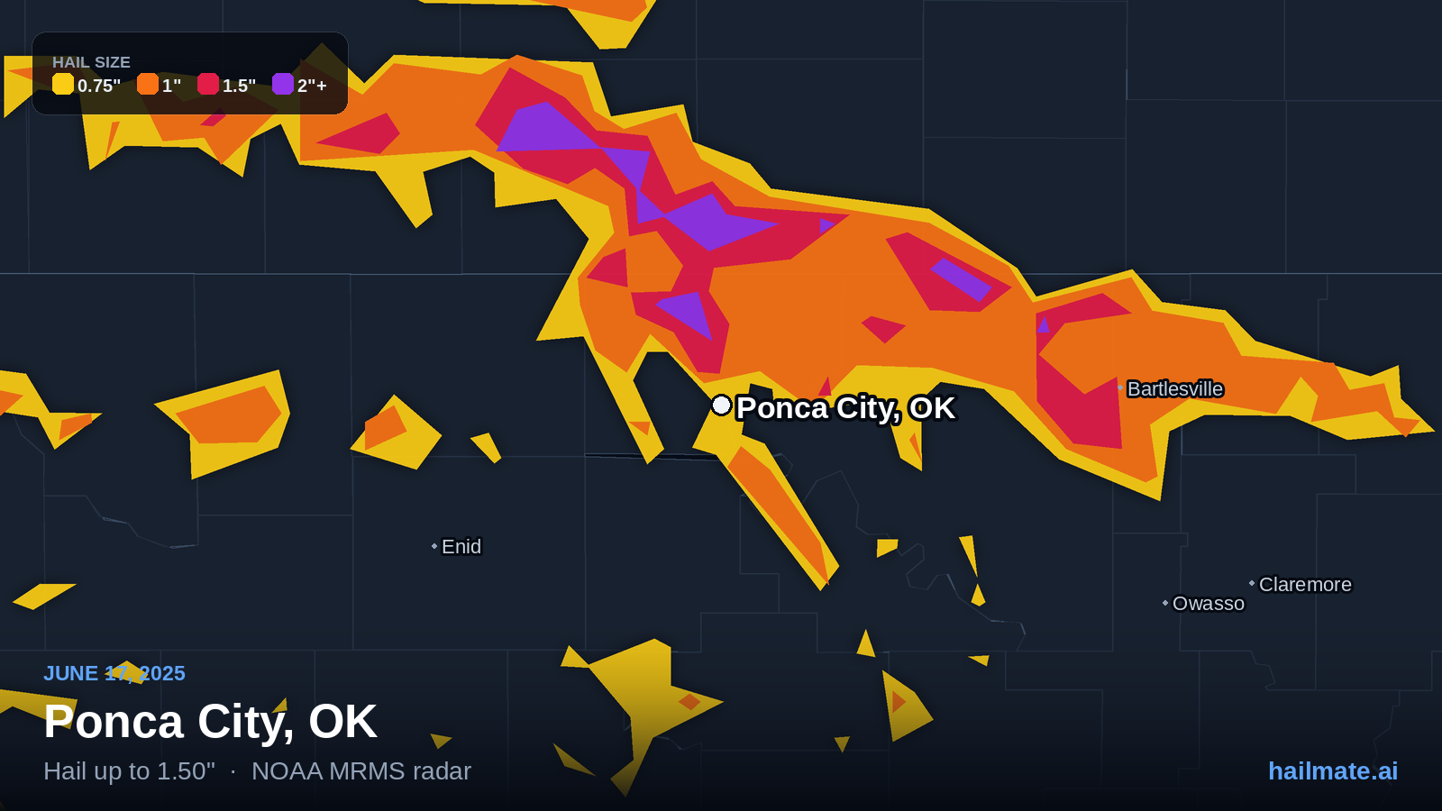 Hail swath map for Ponca City, OK on June 17, 2025 showing 1.50 inch hail.