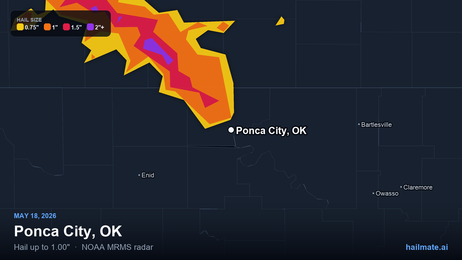 Hail swath map for Ponca City, OK on May 18, 2026 showing 1.00 inch hail.