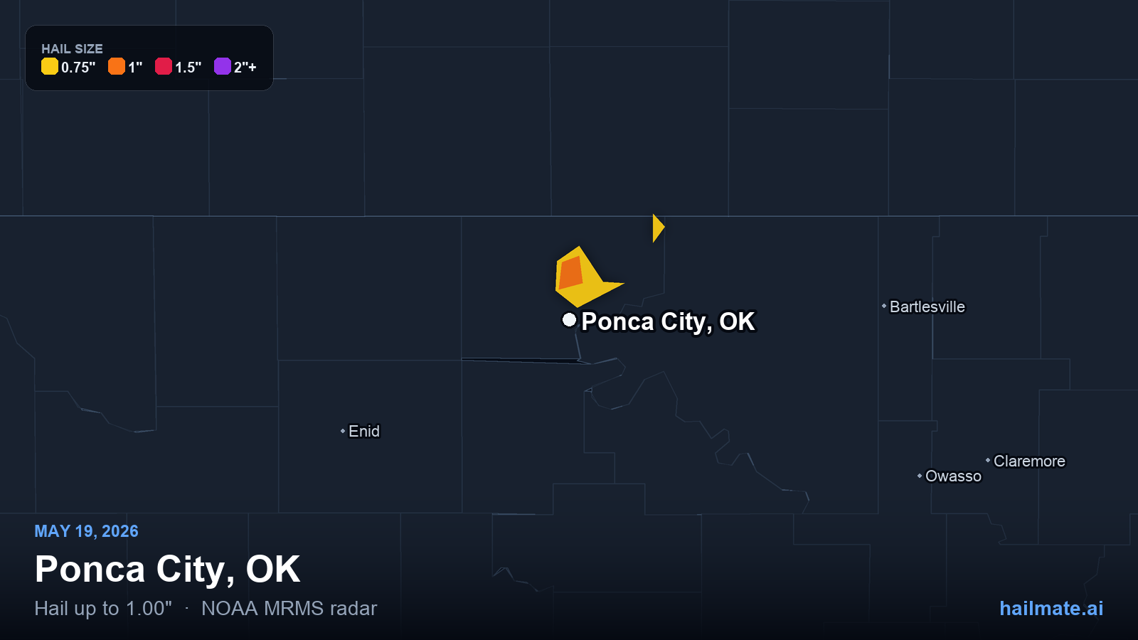 Hail swath map for Ponca City, OK on May 19, 2026 showing 1.00 inch hail.
