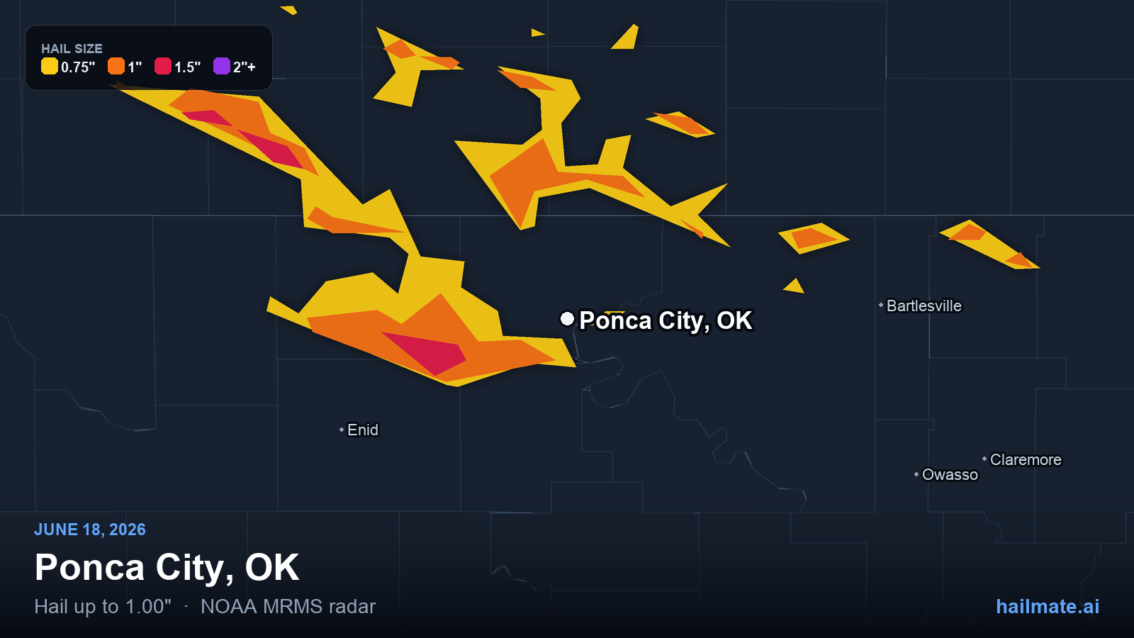Hail swath map for Ponca City, OK on June 18, 2026 showing 1.00 inch hail.