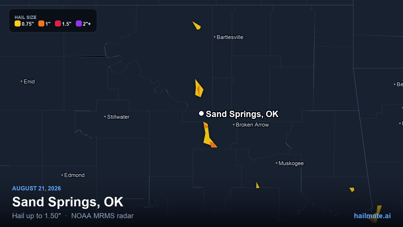 Hail swath map for Sand Springs, OK on August 21, 2026 showing 1.50 inch hail.