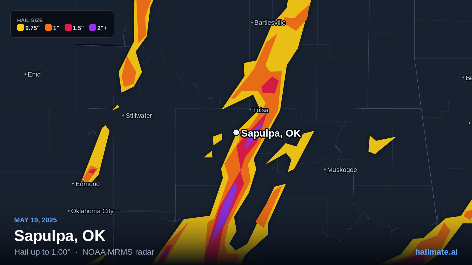 Hail swath map for Sapulpa, OK on May 19, 2025 showing 1.00 inch hail.