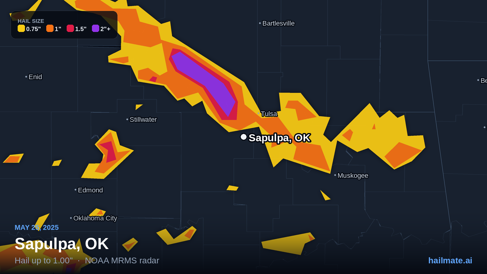 Hail swath map for Sapulpa, OK on May 25, 2025 showing 1.00 inch hail.