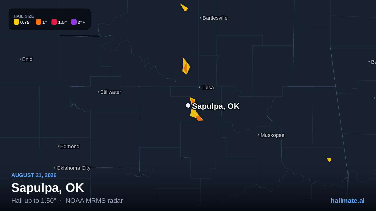 Hail swath map for Sapulpa, OK on August 21, 2026 showing 1.50 inch hail.