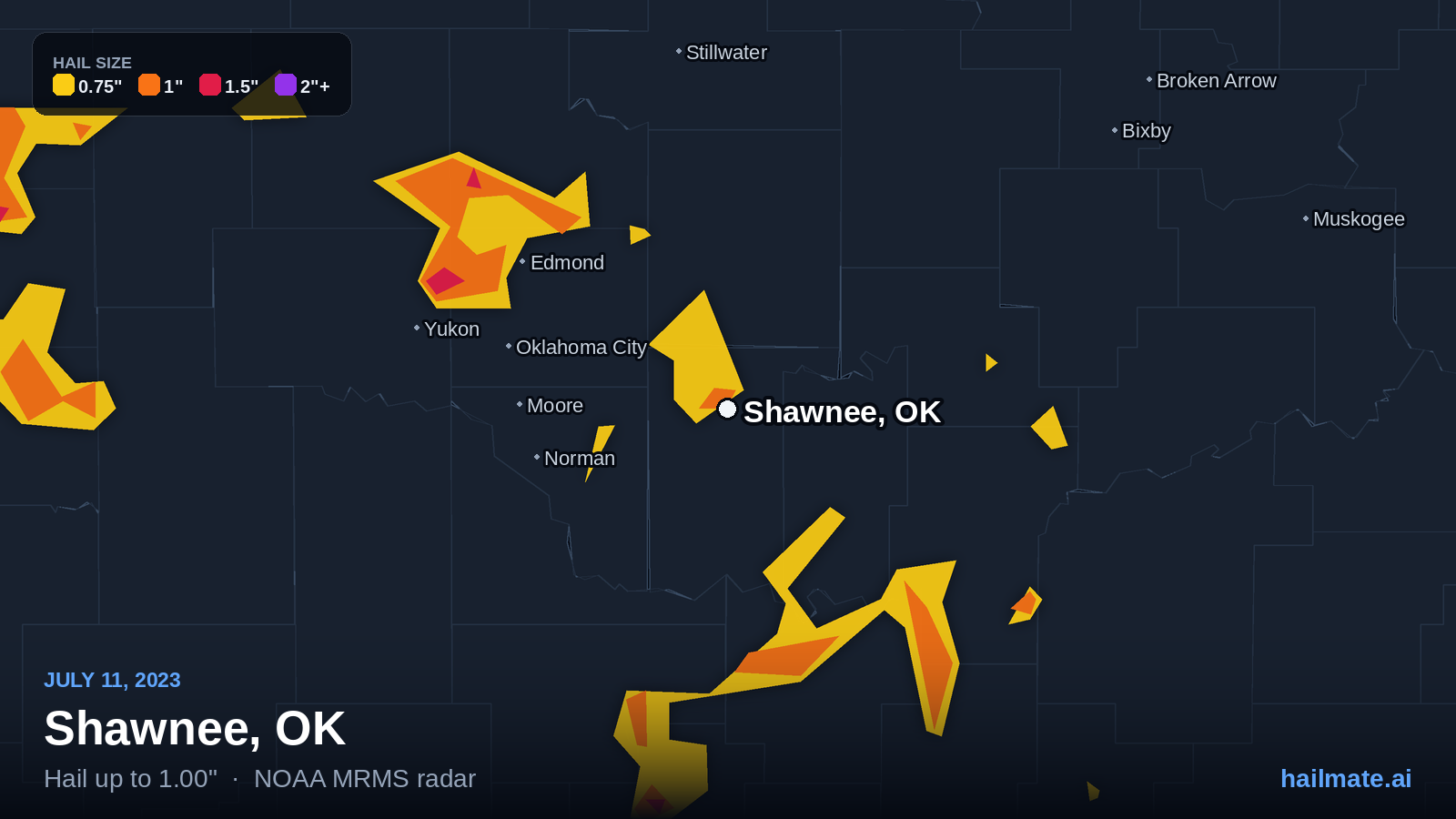 Hail swath map for Shawnee, OK on July 11, 2023 showing 1.00 inch hail.