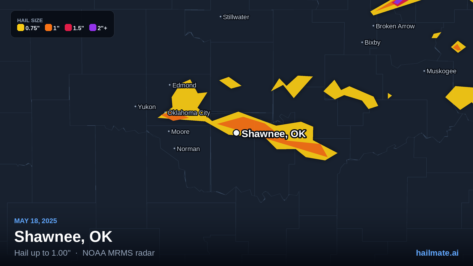 Hail swath map for Shawnee, OK on May 18, 2025 showing 1.00 inch hail.
