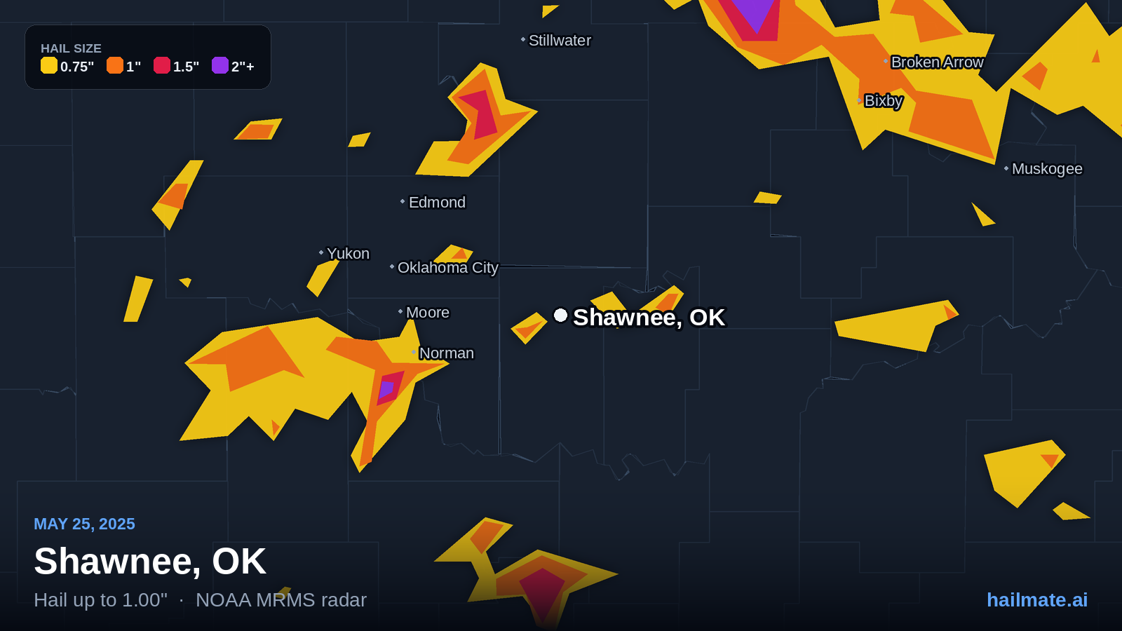 Hail swath map for Shawnee, OK on May 25, 2025 showing 1.00 inch hail.