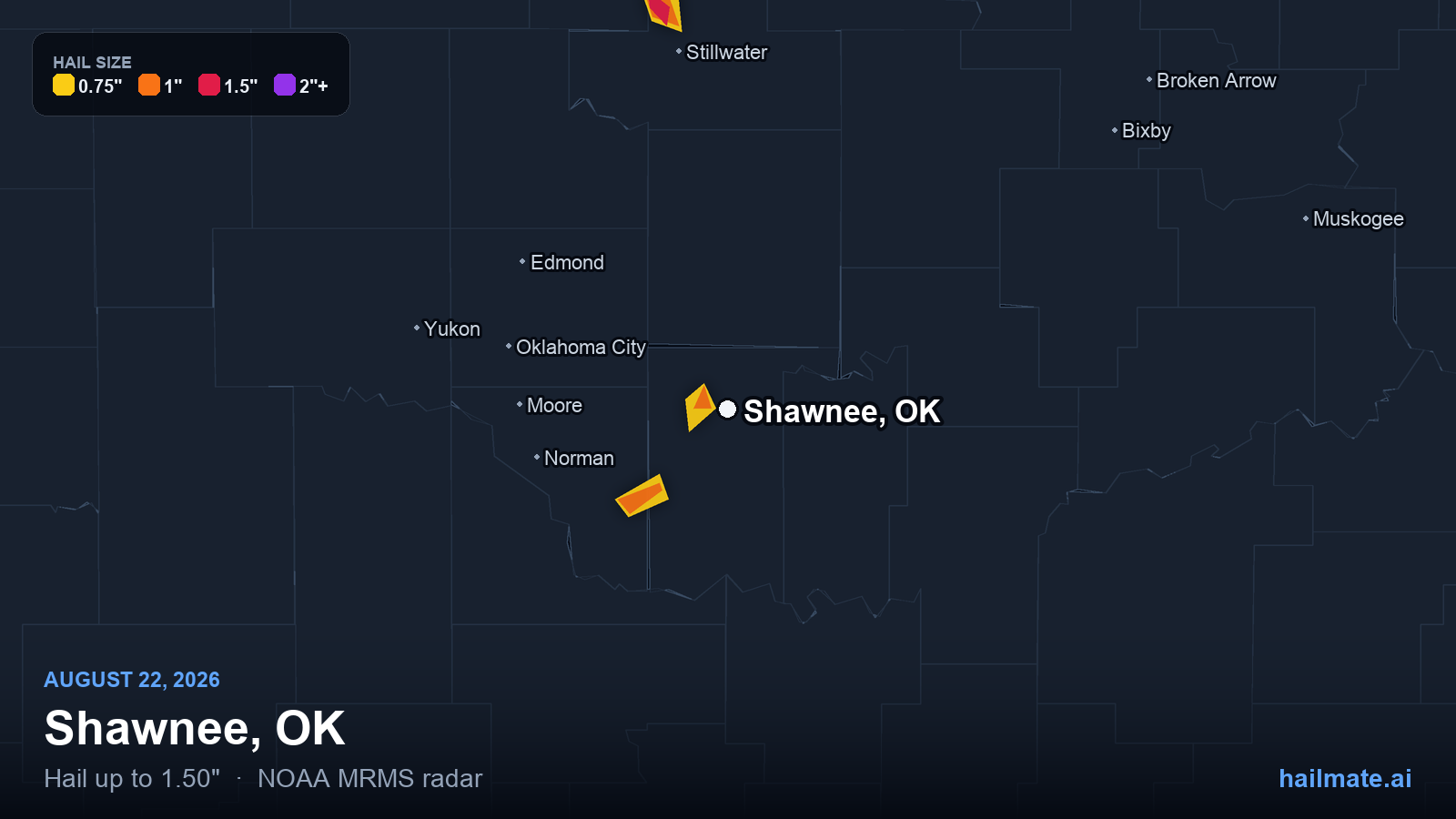 Hail swath map for Shawnee, OK on August 22, 2026 showing 1.50 inch hail.