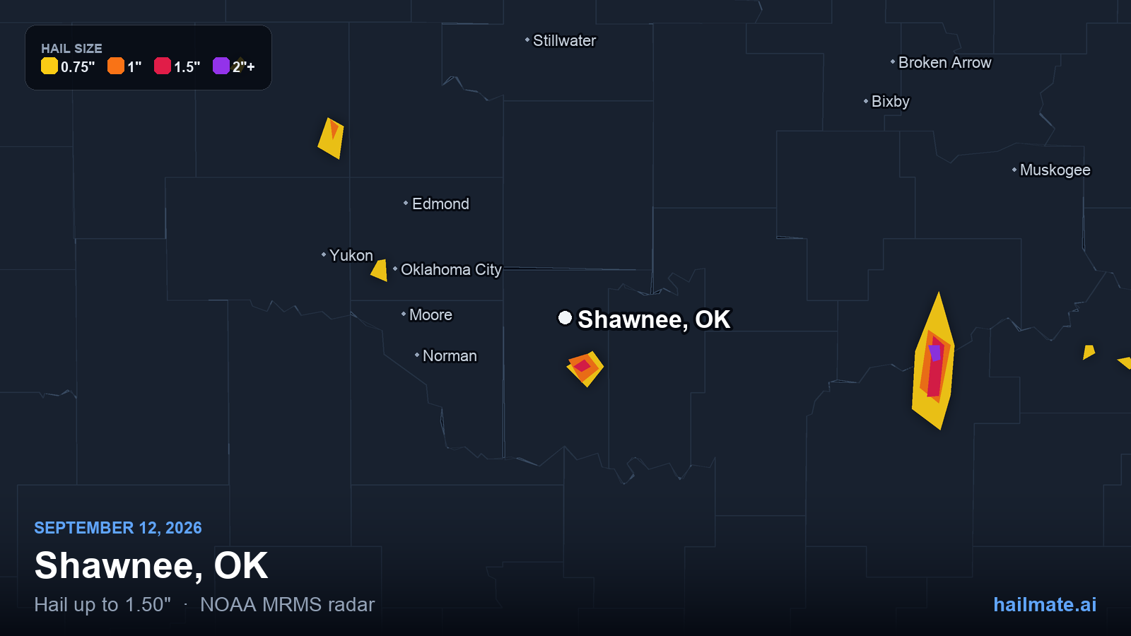 Hail swath map for Shawnee, OK on September 12, 2026 showing 1.50 inch hail.