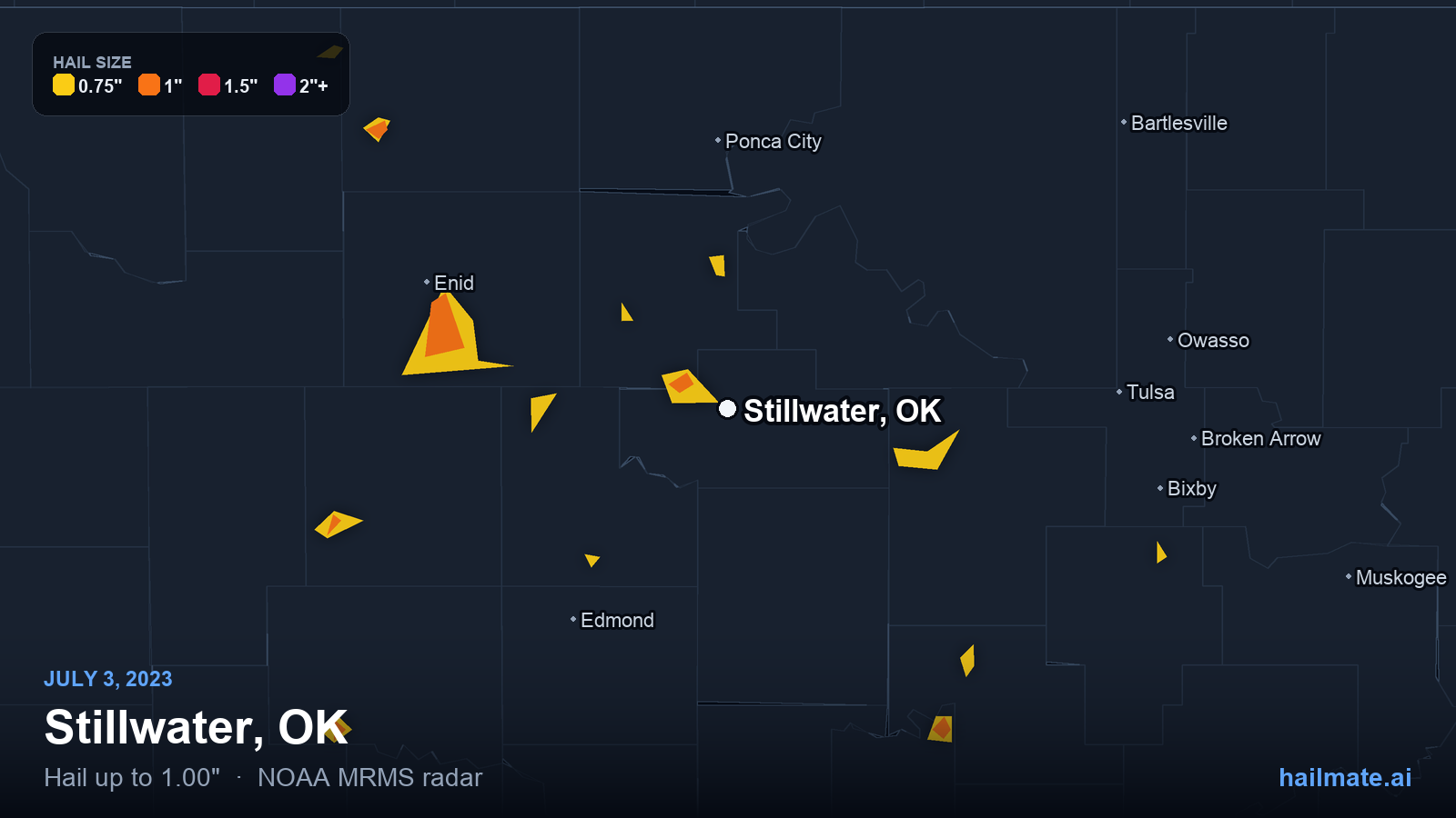 Hail swath map for Stillwater, OK on July 3, 2023 showing 1.00 inch hail.
