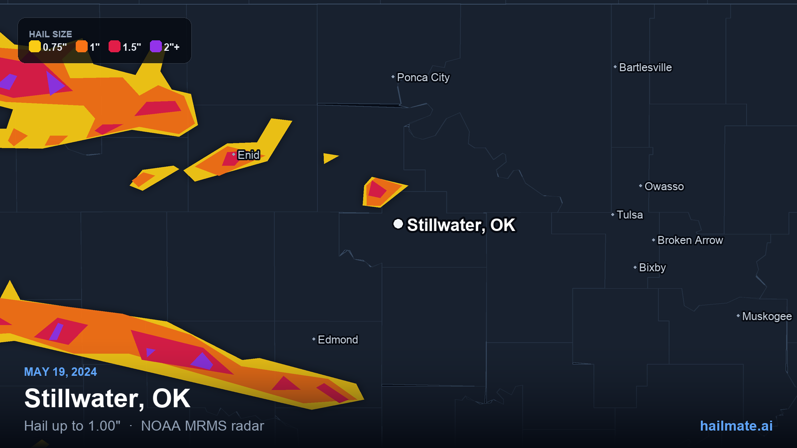 Hail swath map for Stillwater, OK on May 19, 2024 showing 1.00 inch hail.