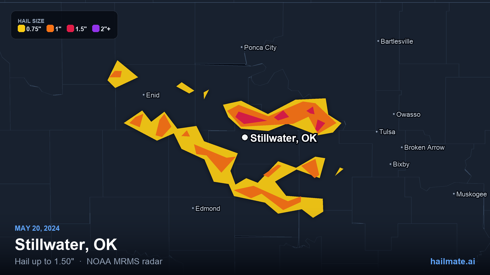 Hail swath map for Stillwater, OK on May 20, 2024 showing 1.50 inch hail.