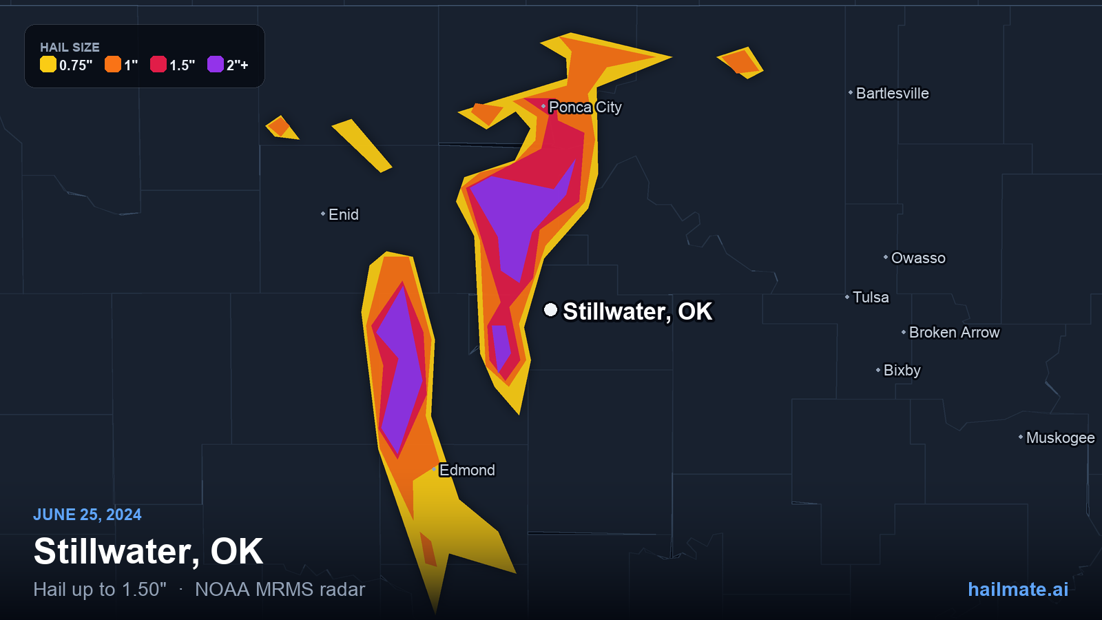 Hail swath map for Stillwater, OK on June 25, 2024 showing 1.50 inch hail.