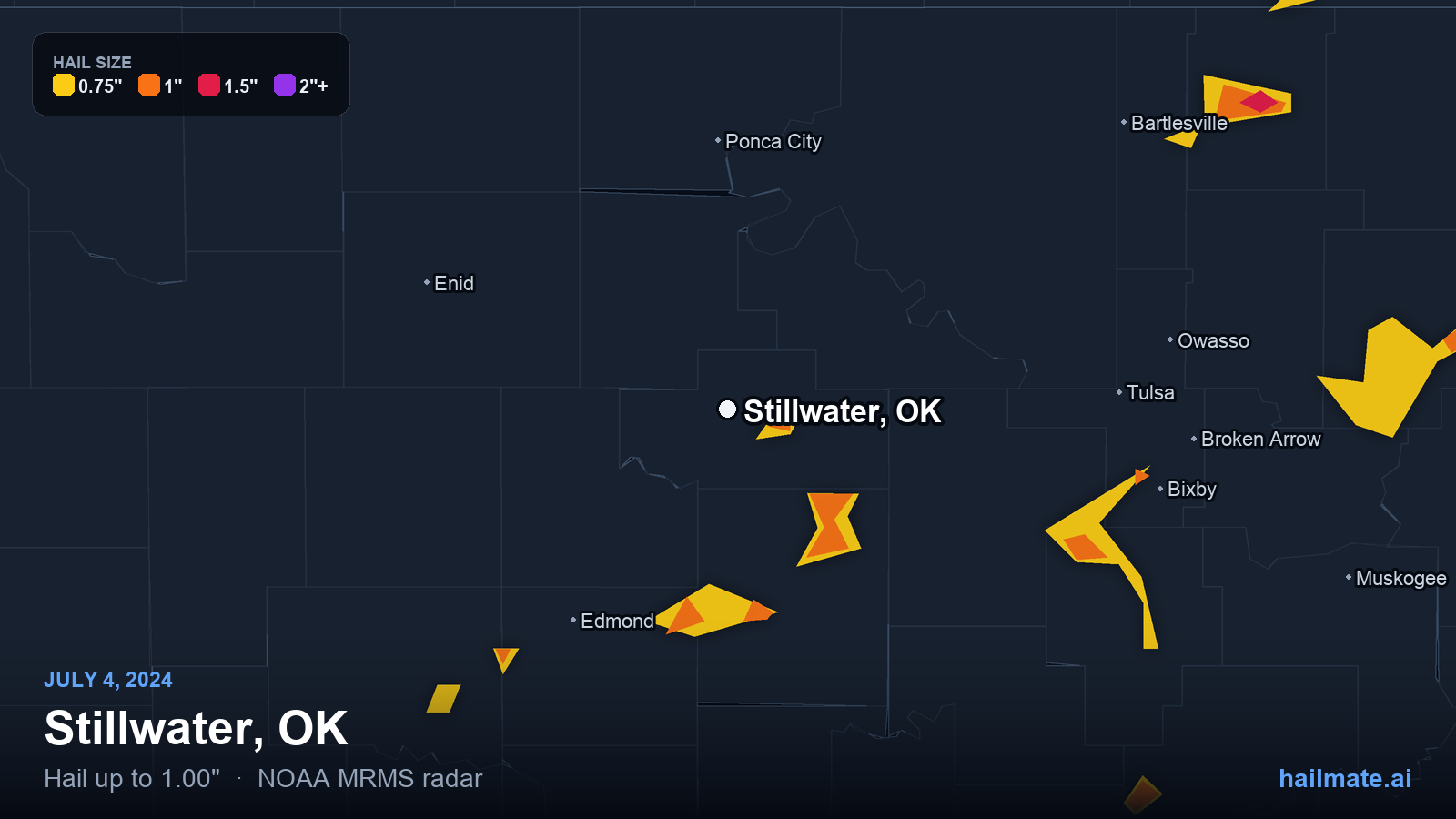 Hail swath map for Stillwater, OK on July 4, 2024 showing 1.00 inch hail.