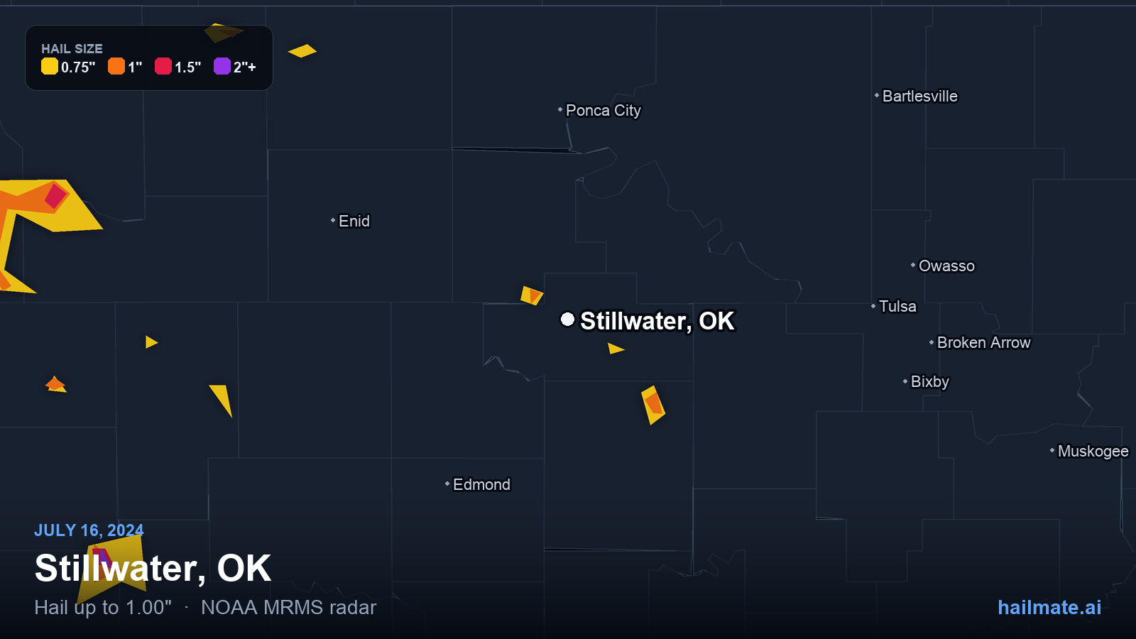 Hail swath map for Stillwater, OK on July 16, 2024 showing 1.00 inch hail.