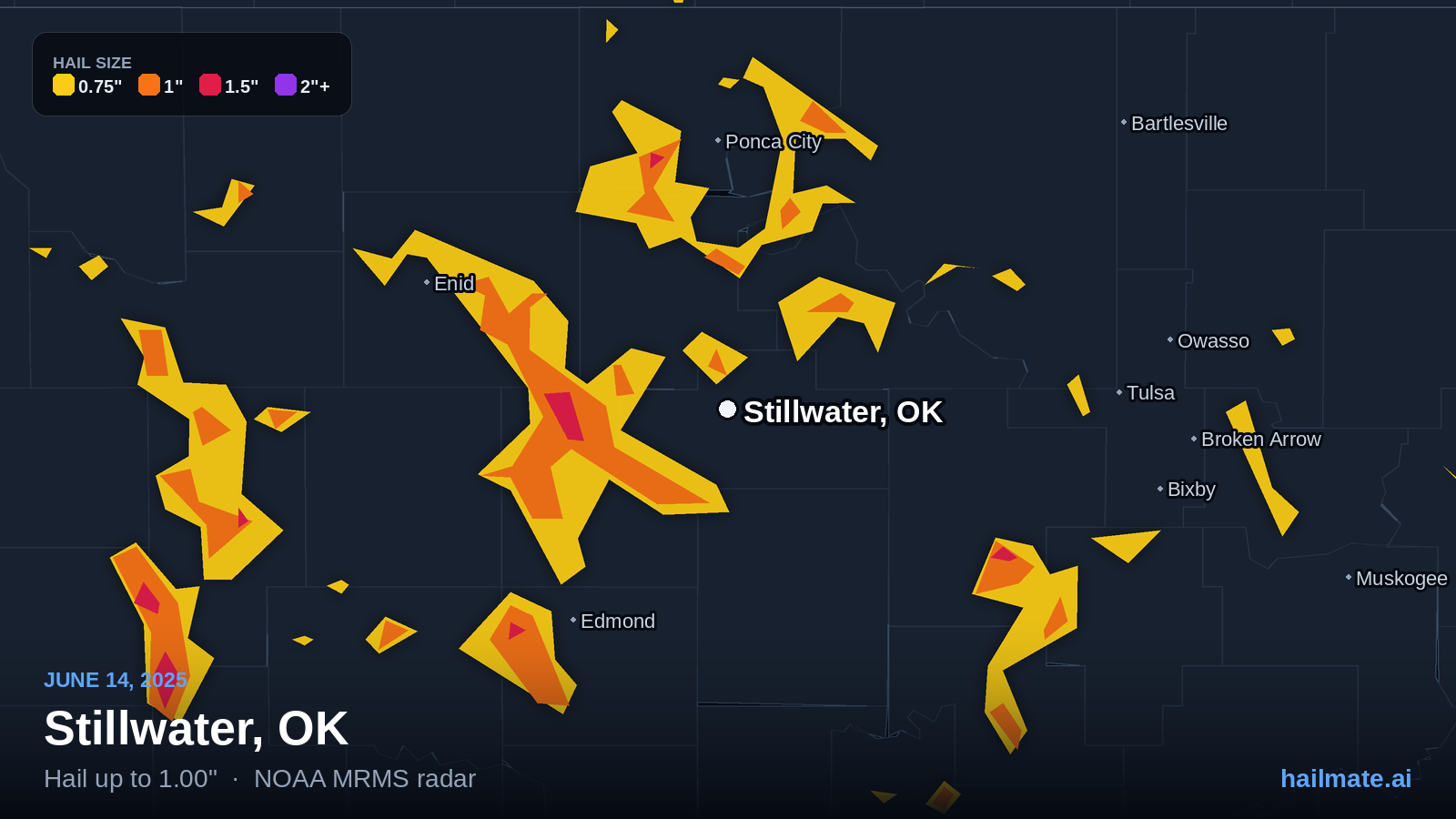 Hail swath map for Stillwater, OK on June 14, 2025 showing 1.00 inch hail.