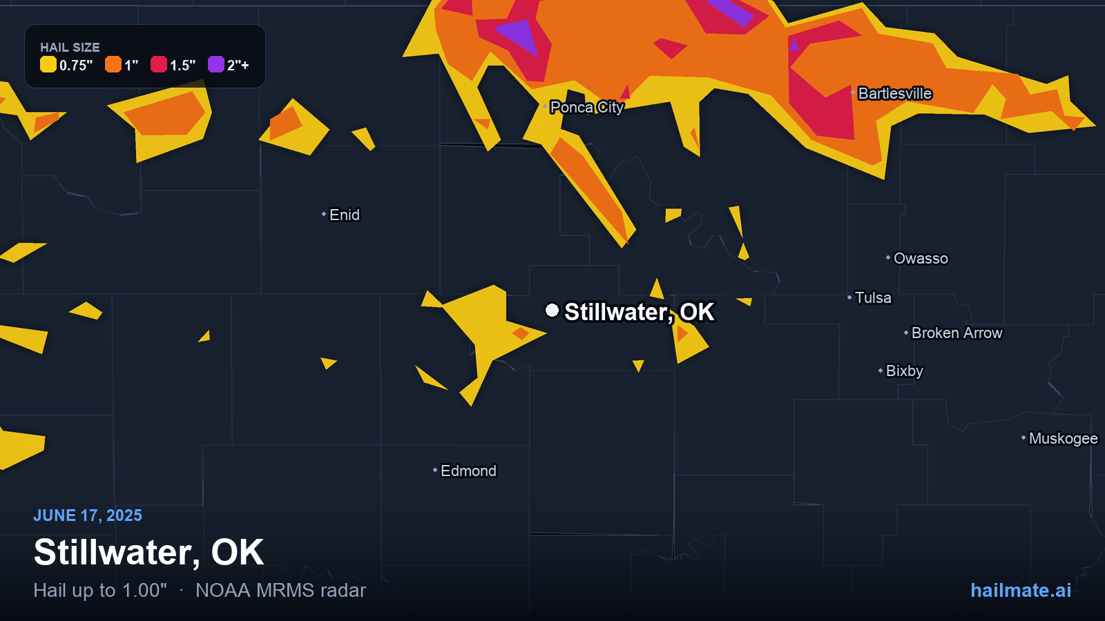 Hail swath map for Stillwater, OK on June 17, 2025 showing 1.00 inch hail.