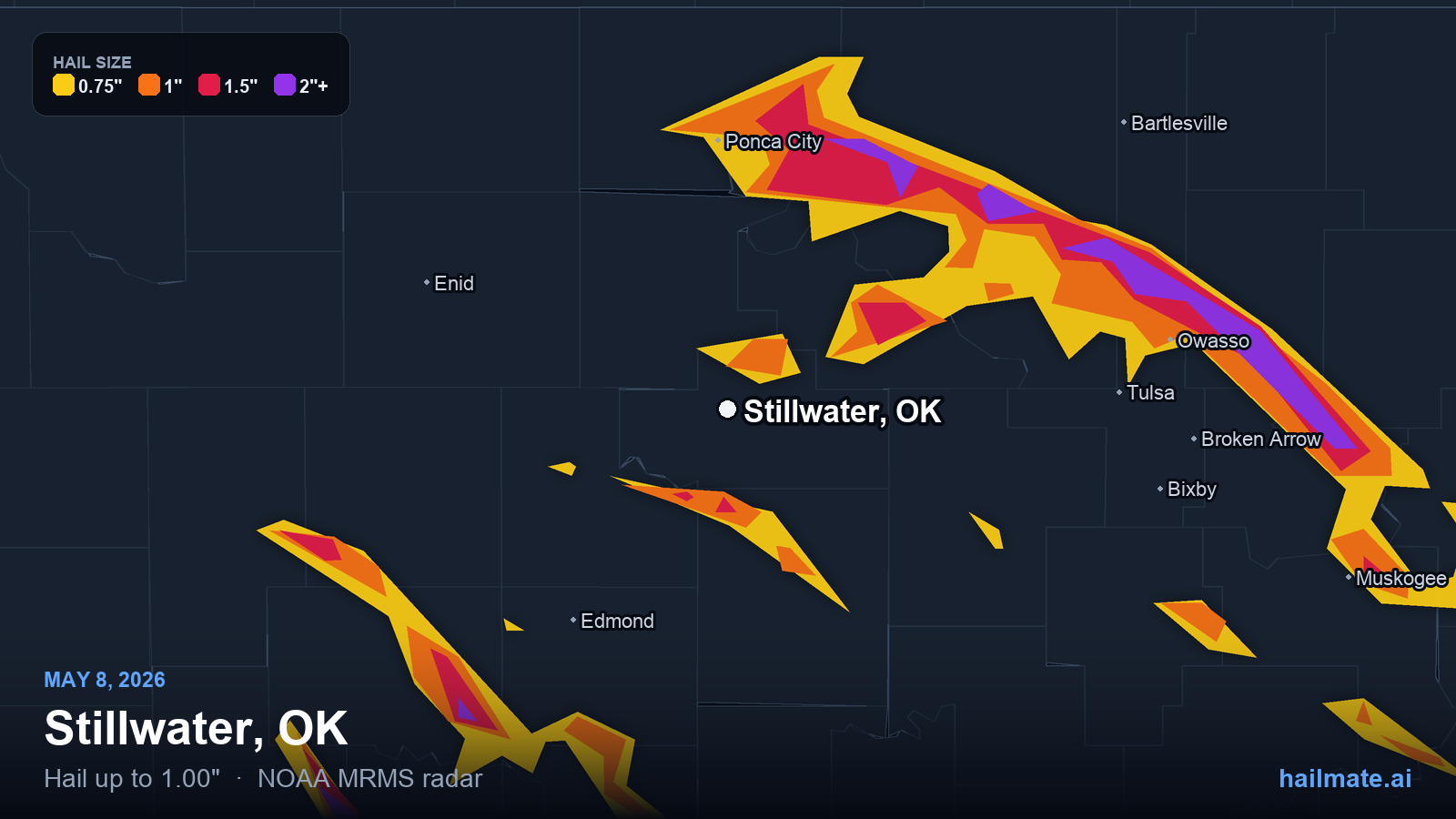 Hail swath map for Stillwater, OK on May 8, 2026 showing 1.00 inch hail.