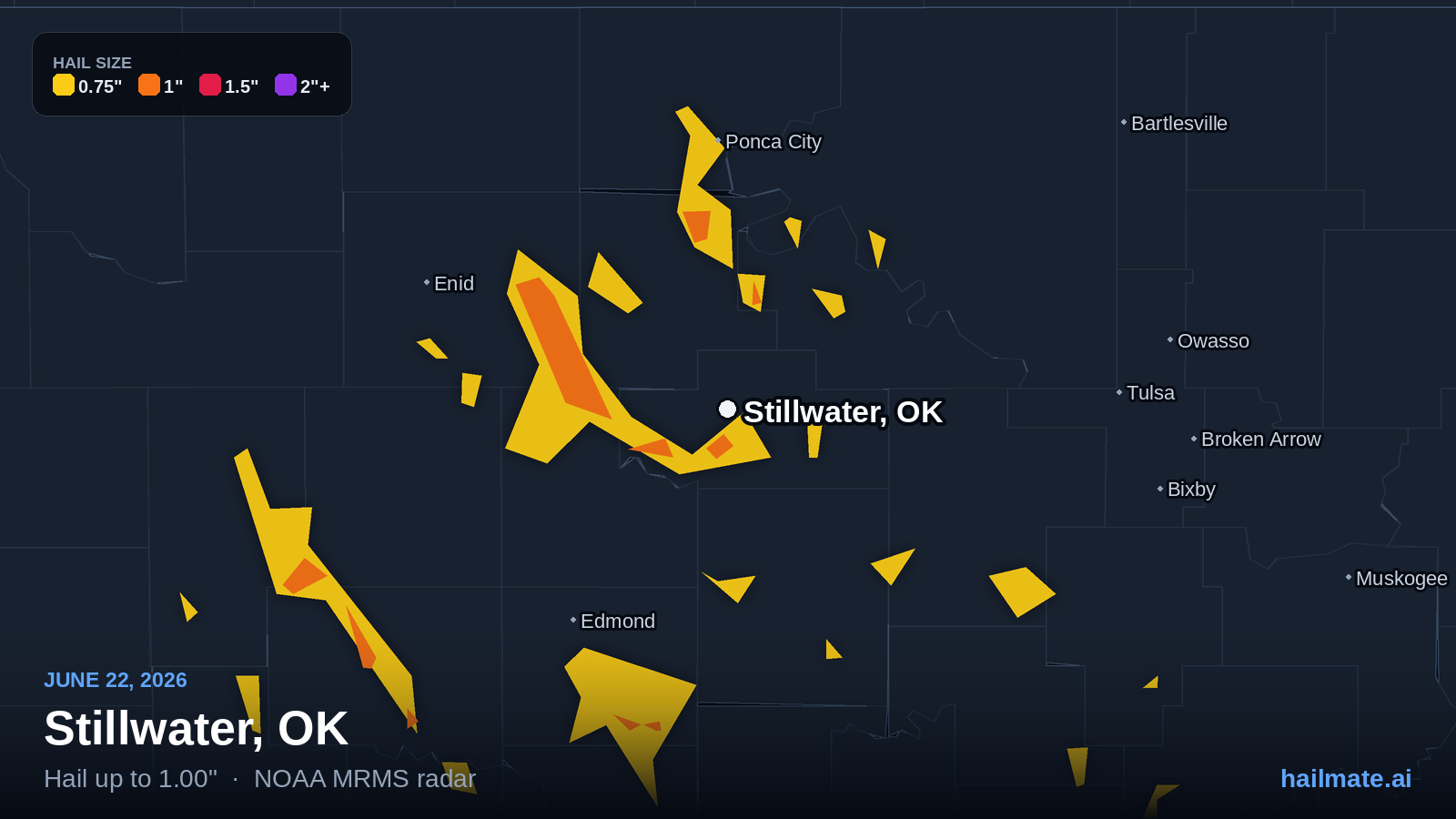 Hail swath map for Stillwater, OK on June 22, 2026 showing 1.00 inch hail.