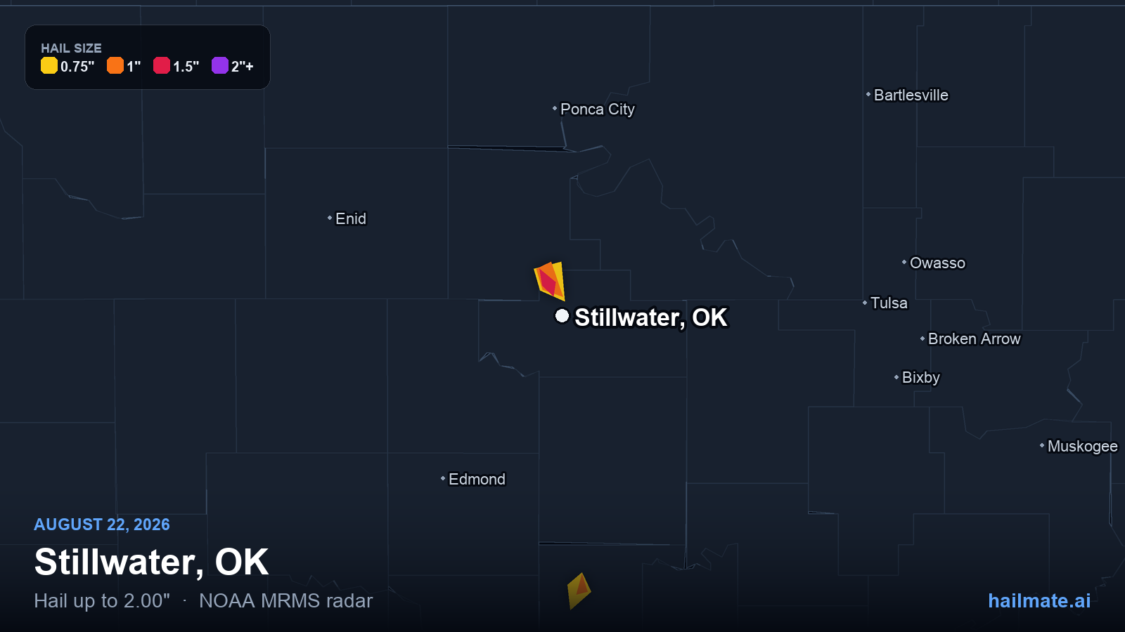 Hail swath map for Stillwater, OK on August 22, 2026 showing 2.00 inch hail.