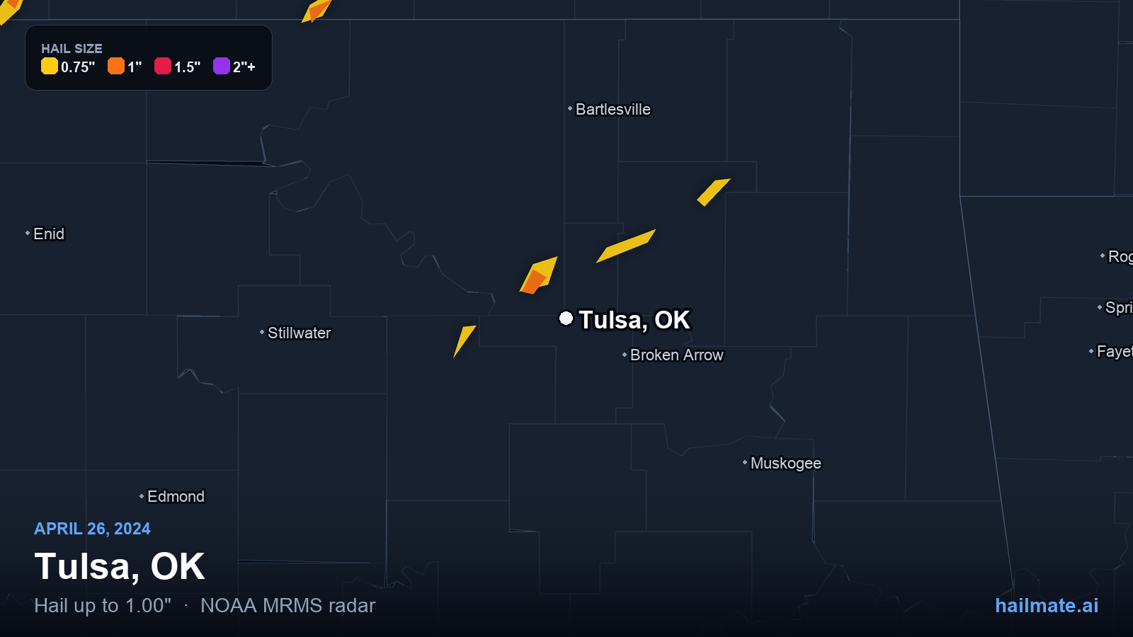 Hail swath map for Tulsa, OK on April 26, 2024 showing 1.00 inch hail.