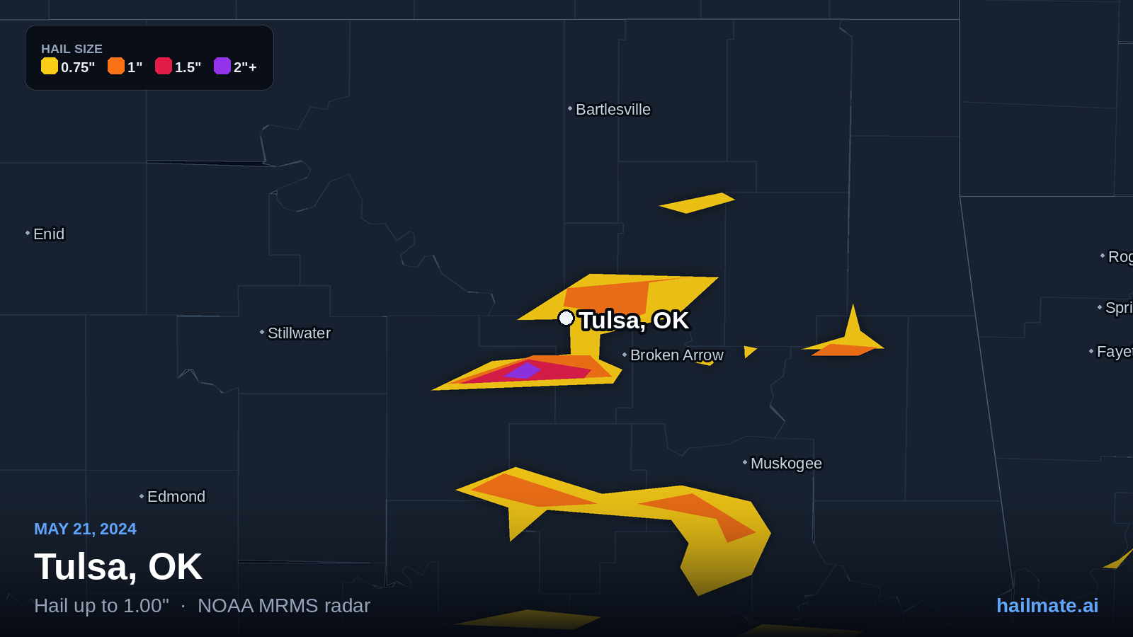 Hail swath map for Tulsa, OK on May 21, 2024 showing 1.00 inch hail.