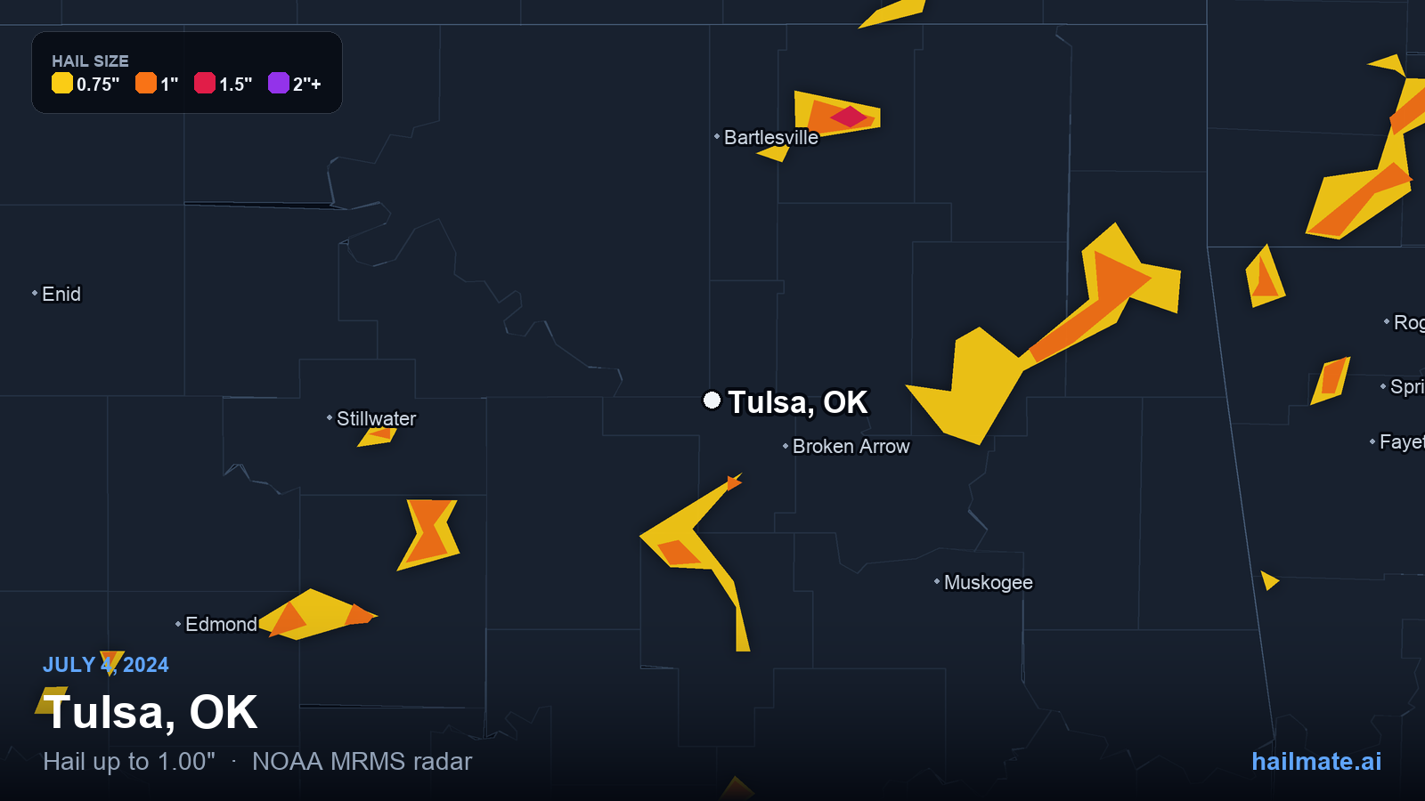 Hail swath map for Tulsa, OK on July 4, 2024 showing 1.00 inch hail.