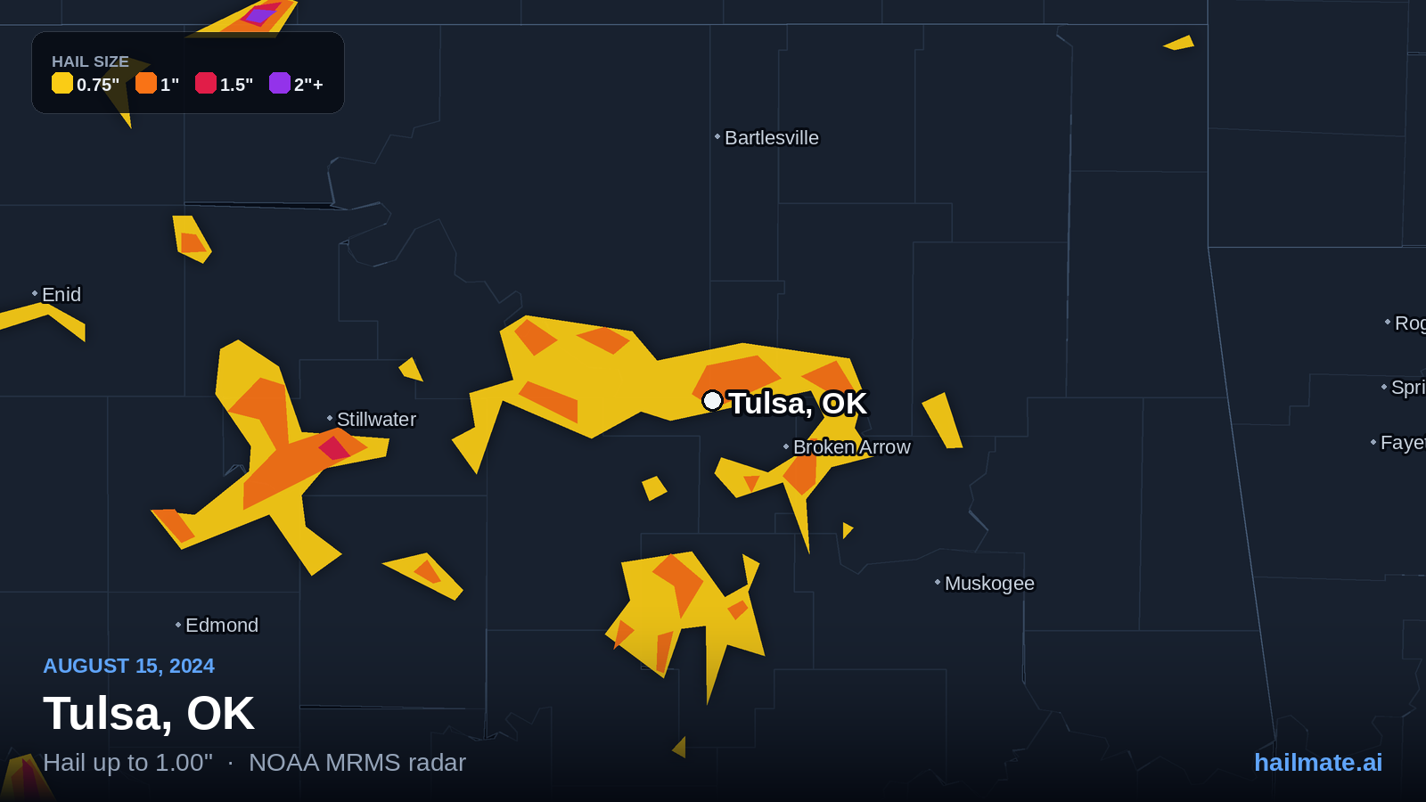 Hail swath map for Tulsa, OK on August 15, 2024 showing 1.00 inch hail.