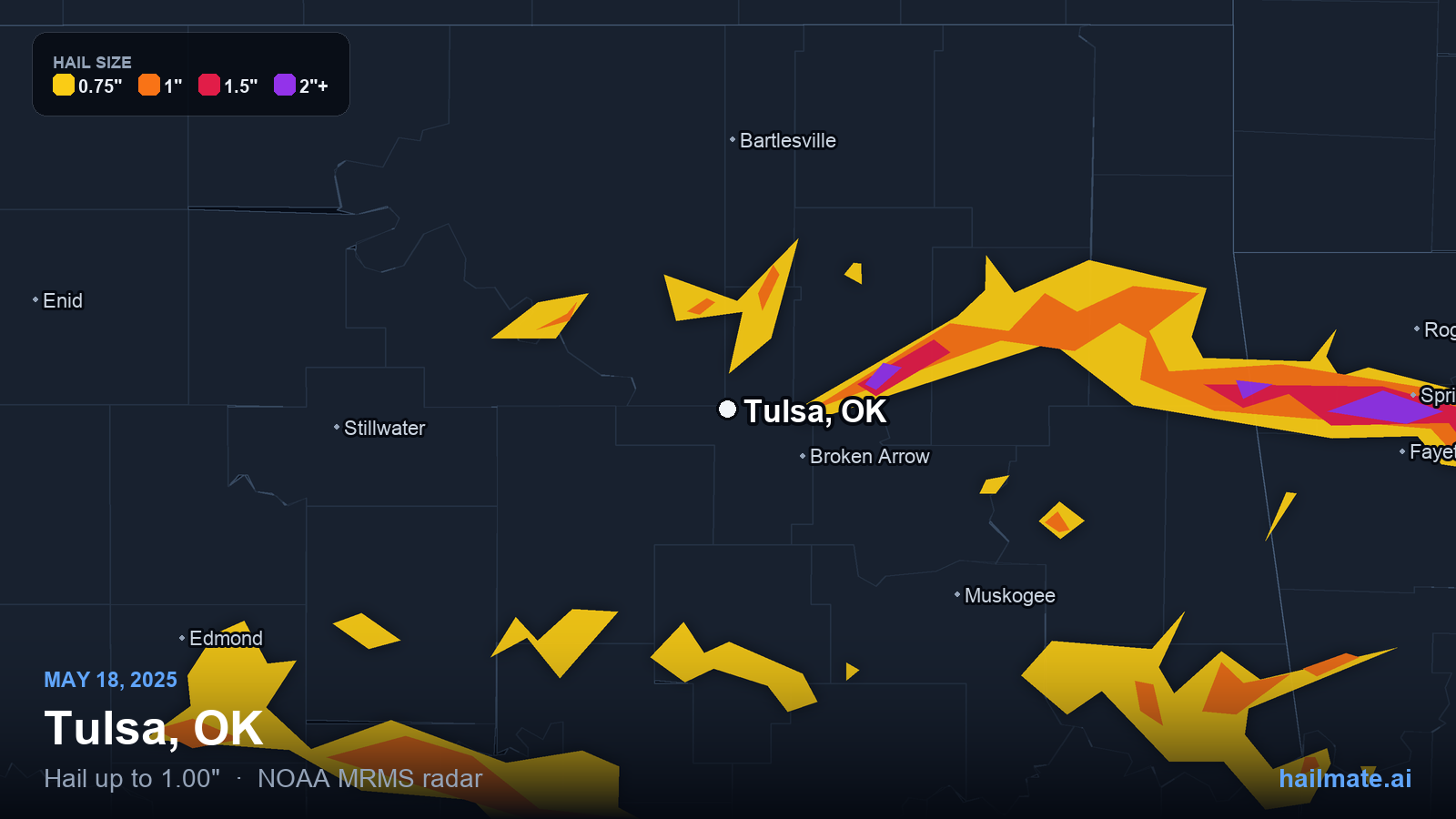 Hail swath map for Tulsa, OK on May 18, 2025 showing 1.00 inch hail.