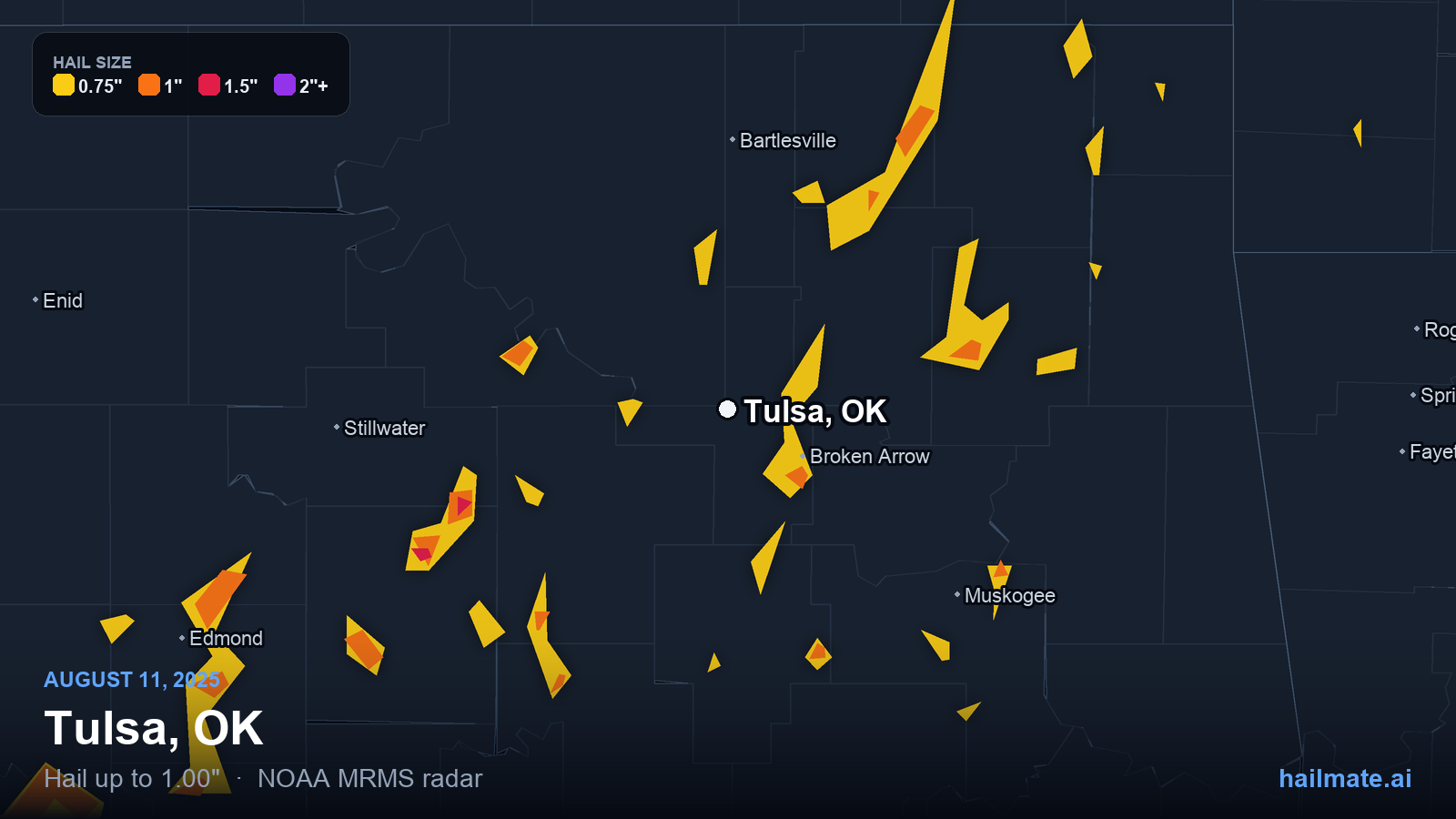 Hail swath map for Tulsa, OK on August 11, 2025 showing 1.00 inch hail.