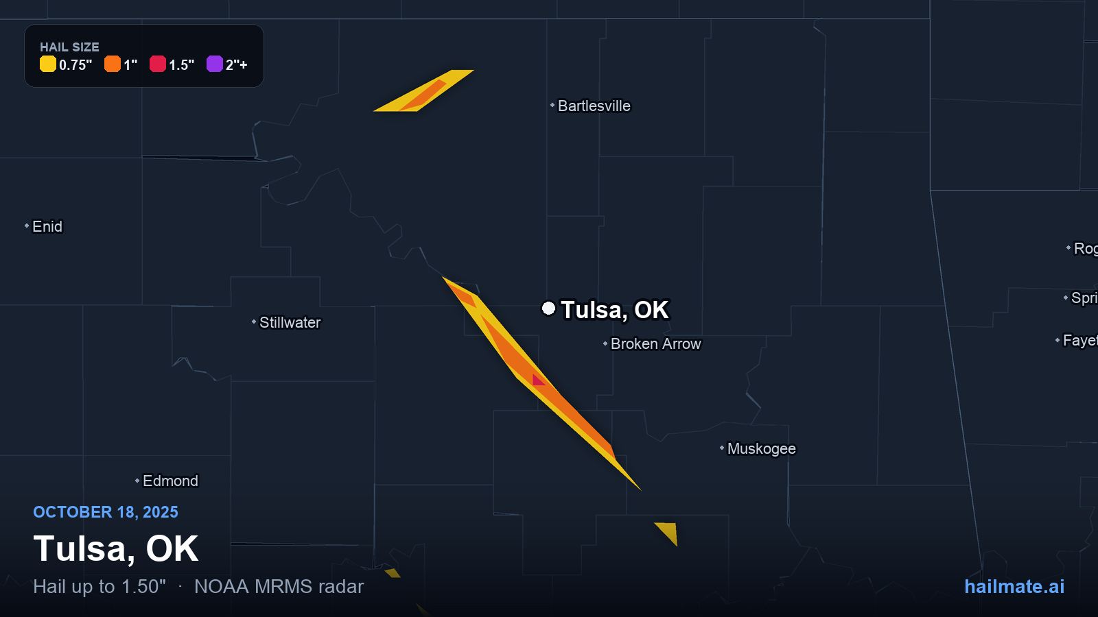 Hail swath map for Tulsa, OK on October 18, 2025 showing 1.50 inch hail.