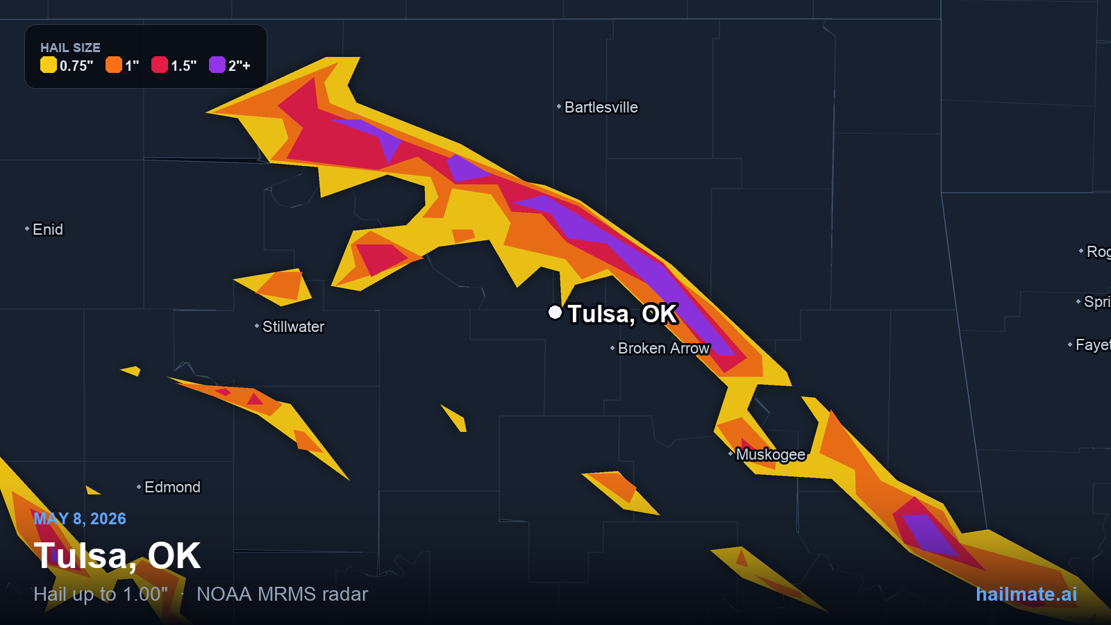 Hail swath map for Tulsa, OK on May 8, 2026 showing 1.00 inch hail.