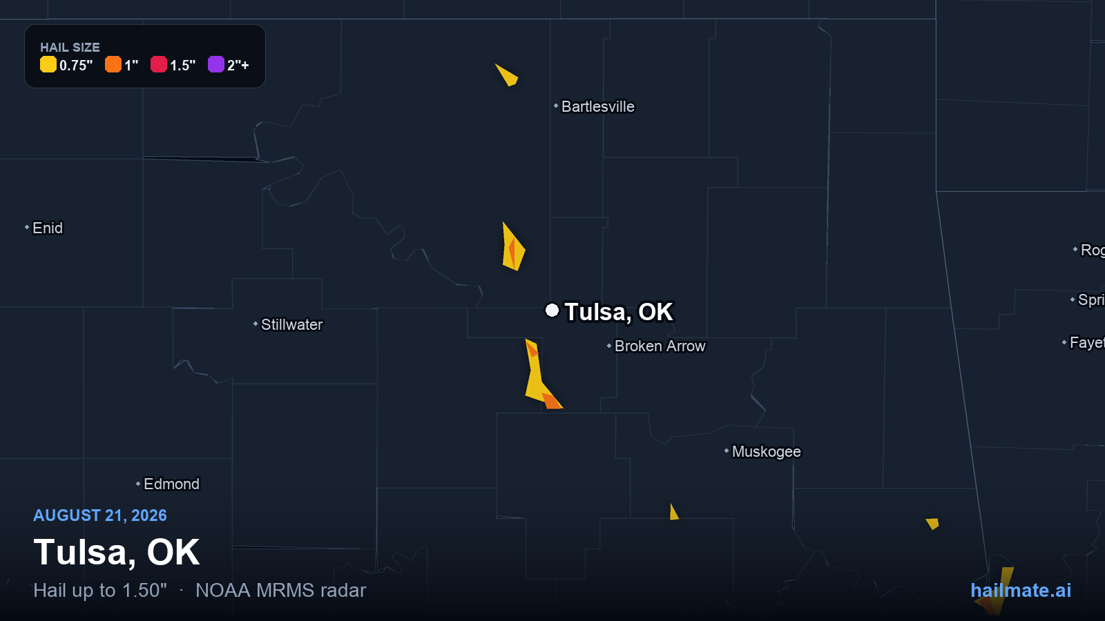 Hail swath map for Tulsa, OK on August 21, 2026 showing 1.50 inch hail.