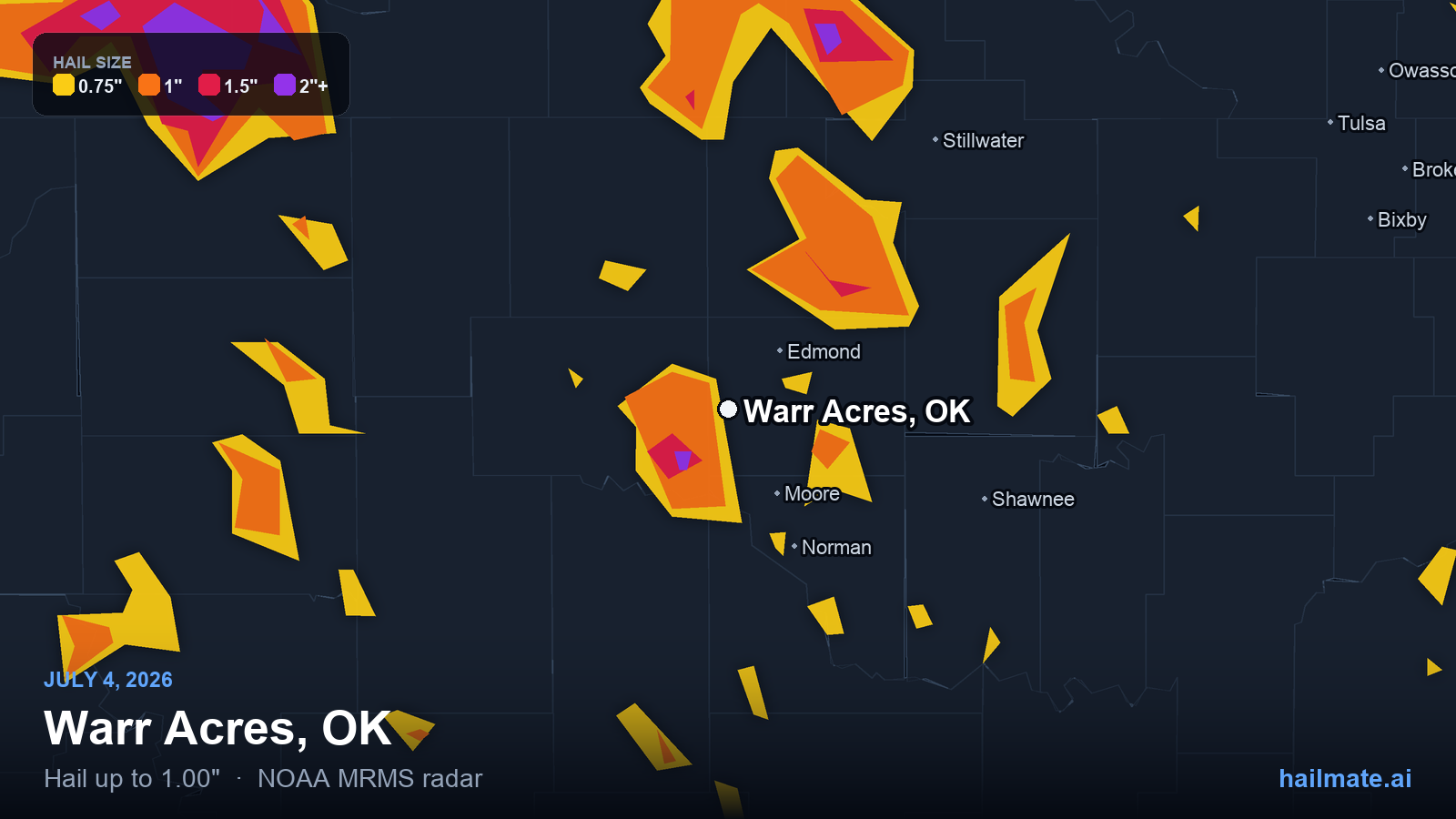 Hail swath map for Warr Acres, OK on July 4, 2026 showing 1.00 inch hail.