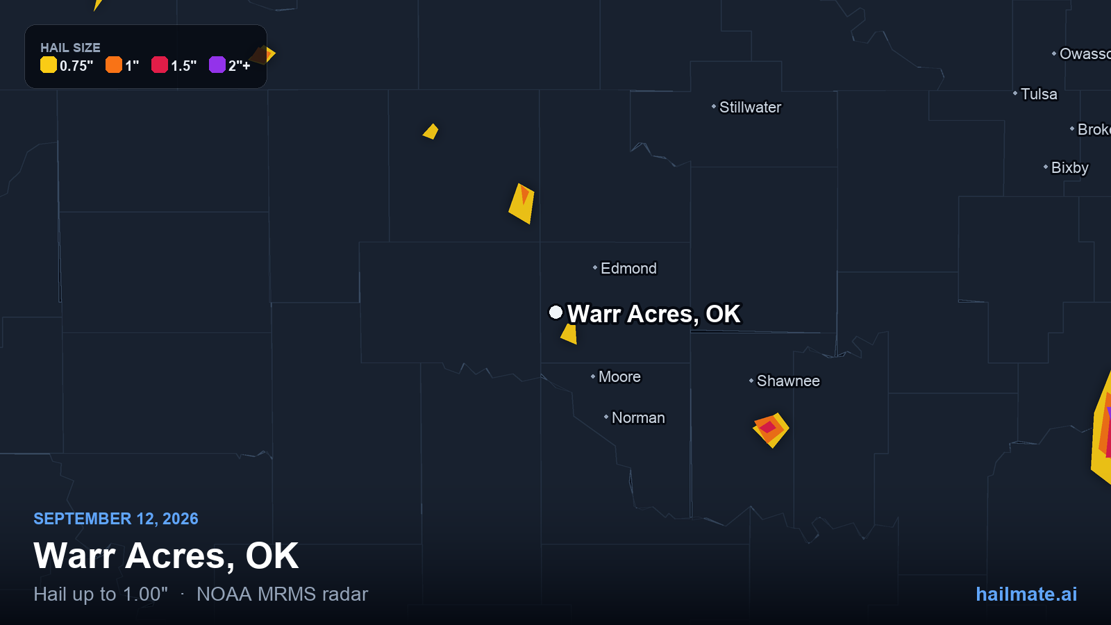 Hail swath map for Warr Acres, OK on September 12, 2026 showing 1.00 inch hail.