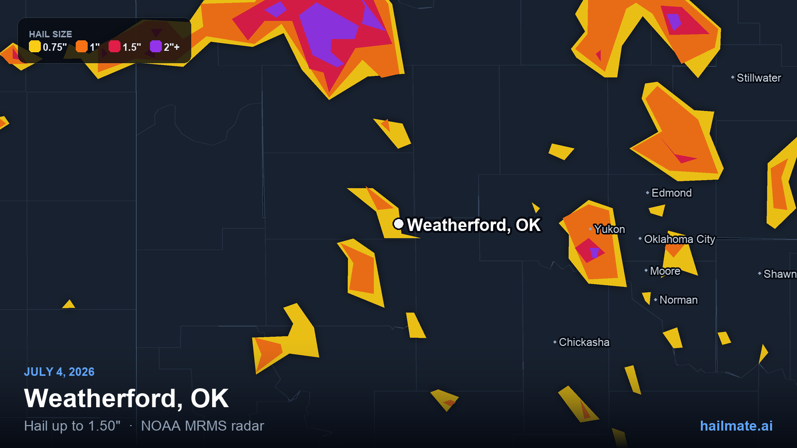 Hail swath map for Weatherford, OK on July 4, 2026 showing 1.50 inch hail.