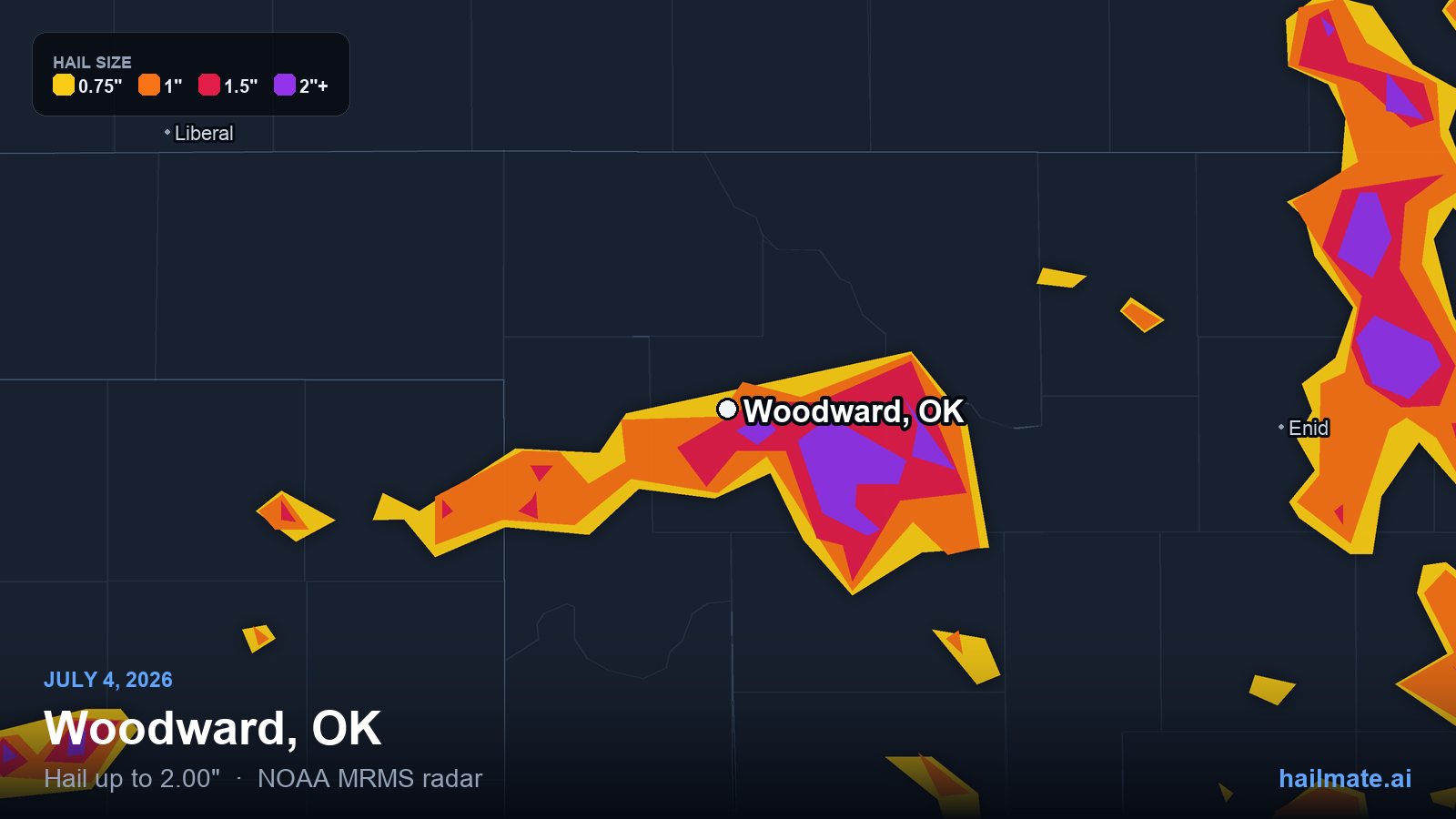 Hail swath map for Woodward, OK on July 4, 2026 showing 2.00 inch hail.