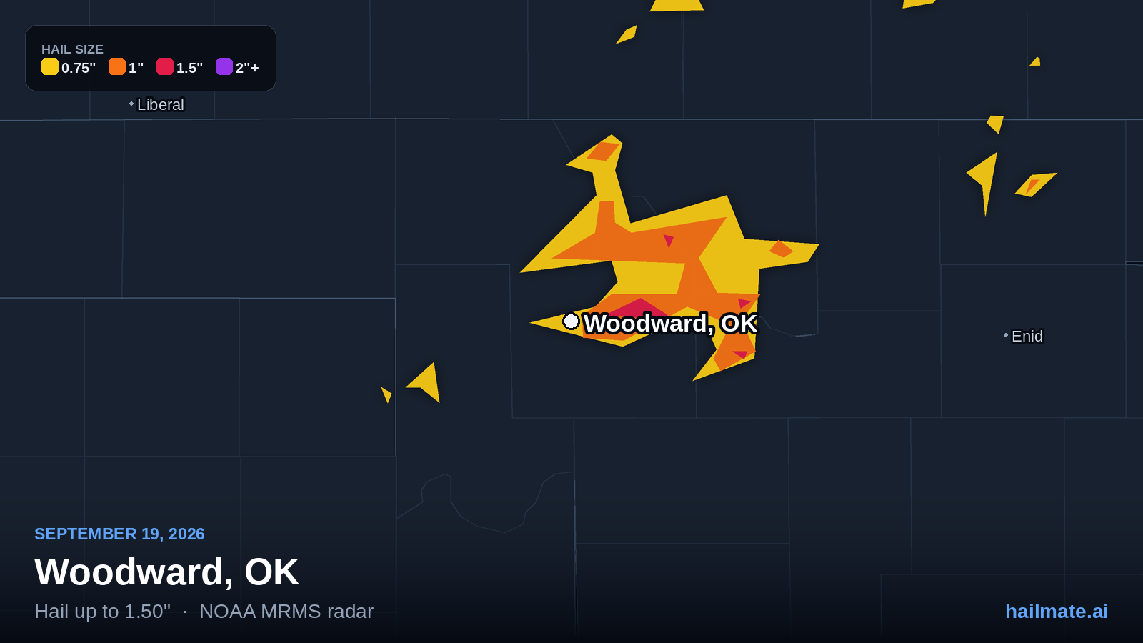 Hail swath map for Woodward, OK on September 19, 2026 showing 1.50 inch hail.