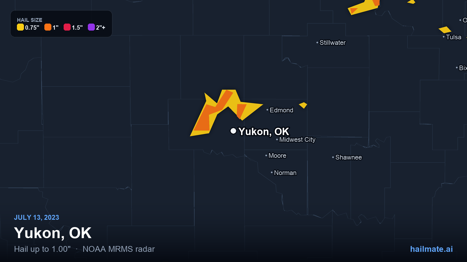 Hail swath map for Yukon, OK on July 13, 2023 showing 1.00 inch hail.