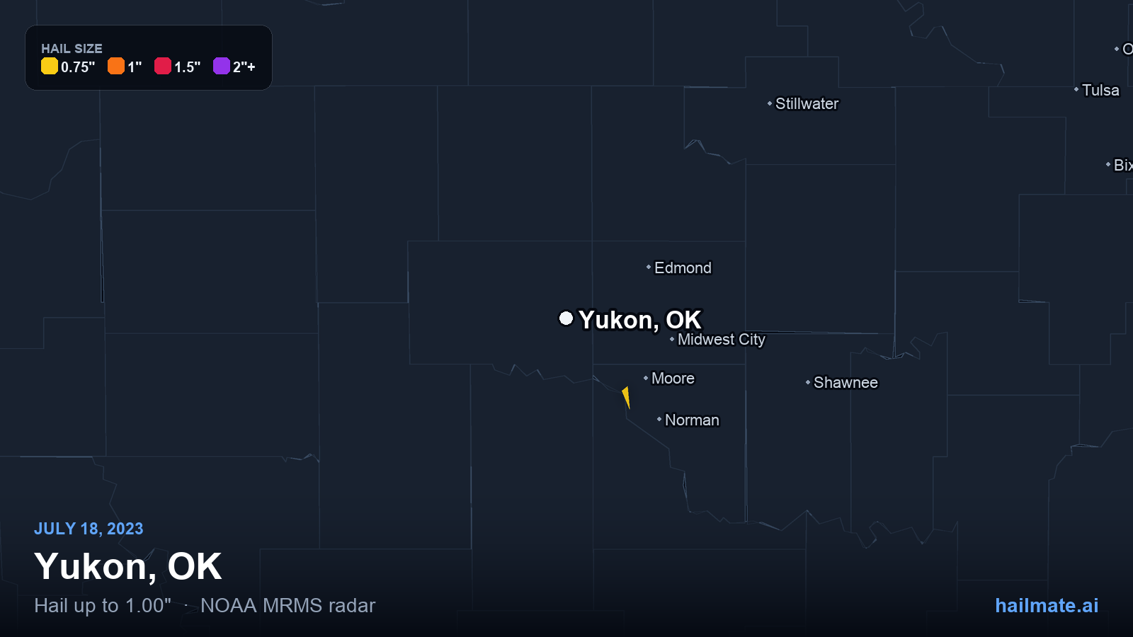 Hail swath map for Yukon, OK on July 18, 2023 showing 1.00 inch hail.