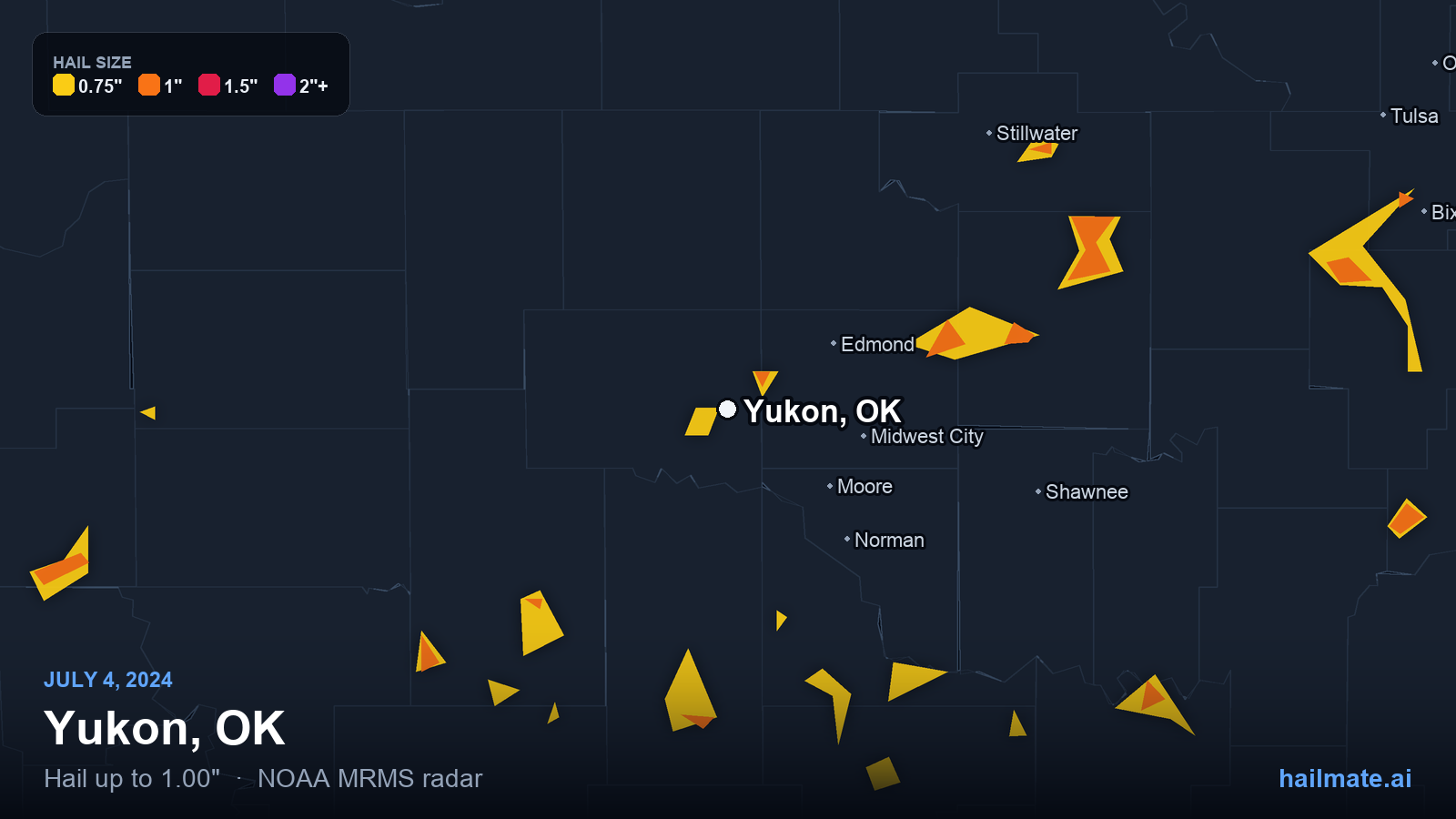 Hail swath map for Yukon, OK on July 4, 2024 showing 1.00 inch hail.