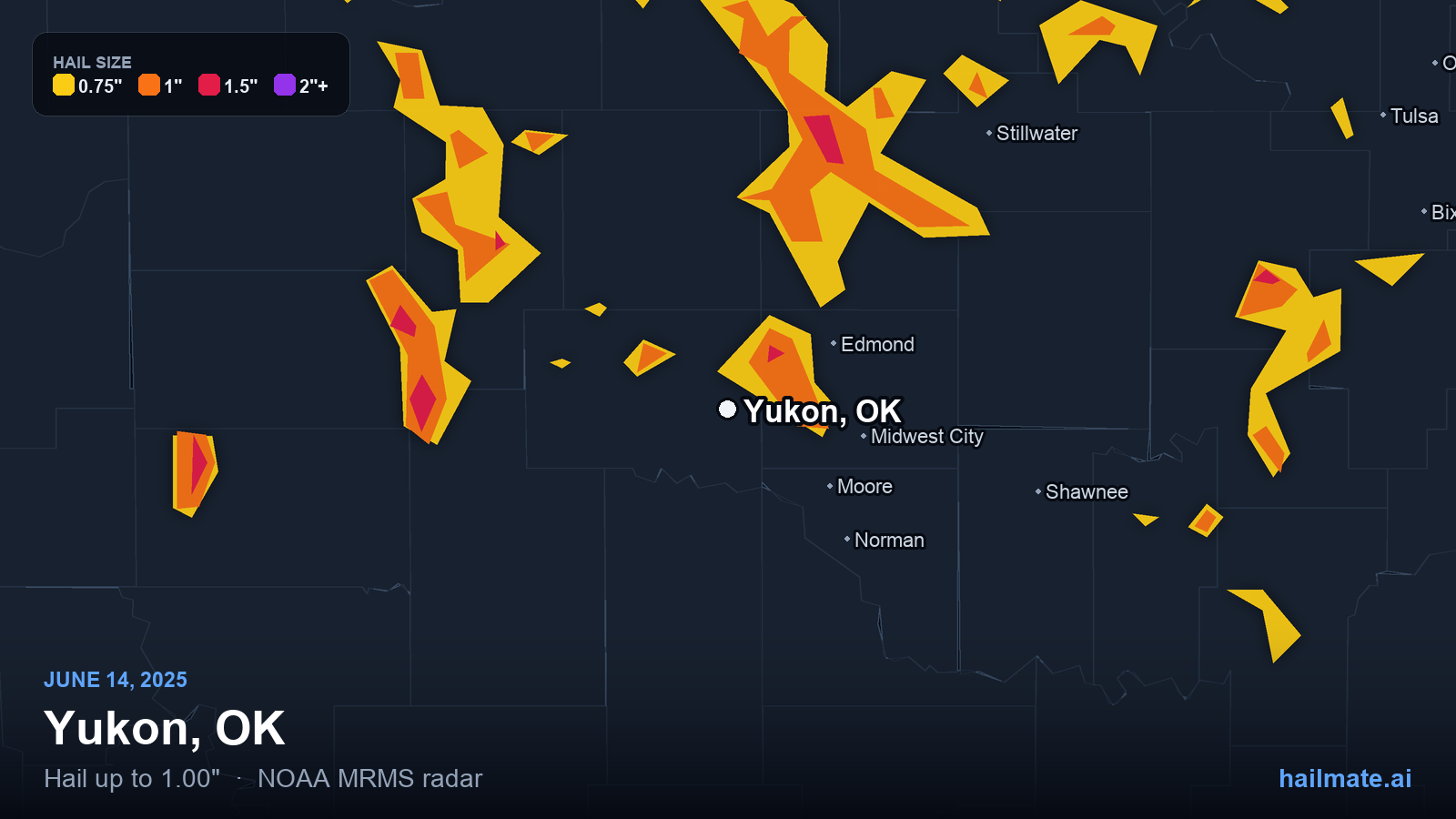 Hail swath map for Yukon, OK on June 14, 2025 showing 1.00 inch hail.