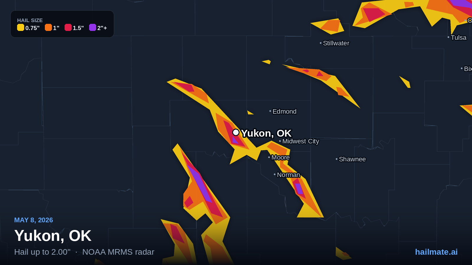 Hail swath map for Yukon, OK on May 8, 2026 showing 2.00 inch hail.