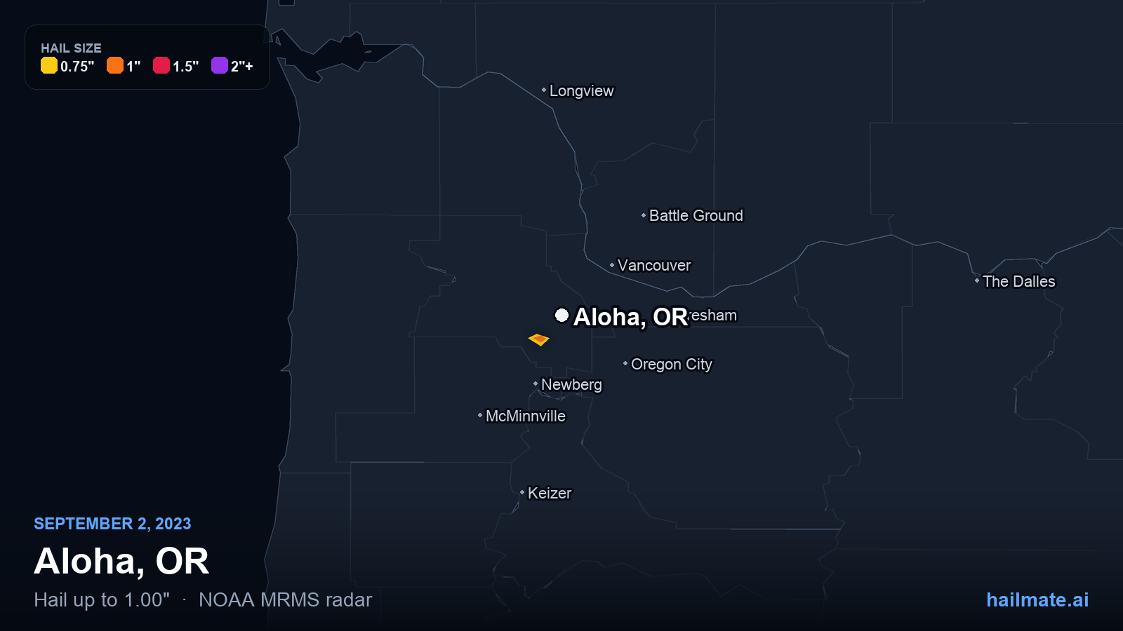 Hail swath map for Aloha, OR on September 2, 2023 showing 1.00 inch hail.