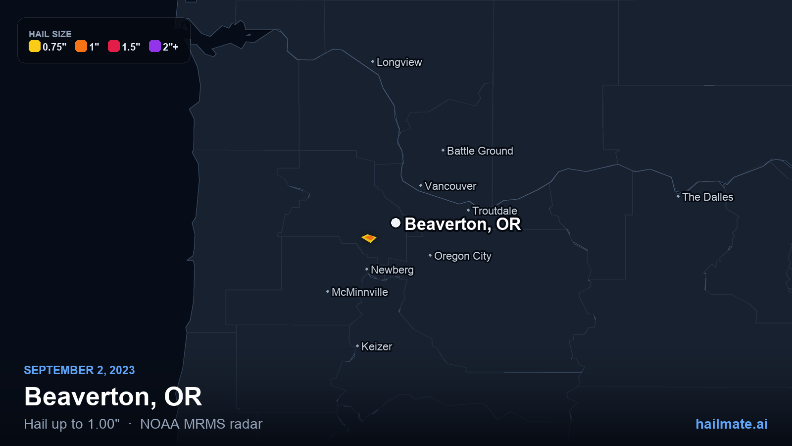 Hail swath map for Beaverton, OR on September 2, 2023 showing 1.00 inch hail.